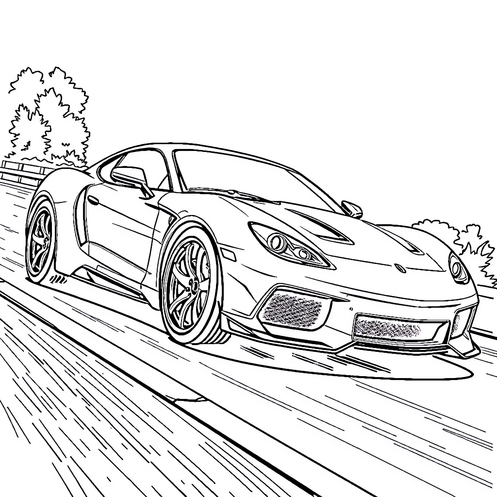 Super Car Speeding on Winding Road Coloring Page (free black-and-white line drawing printable PDF for all, from beginners to advanced learners, including children, teens, adults, and seniors)