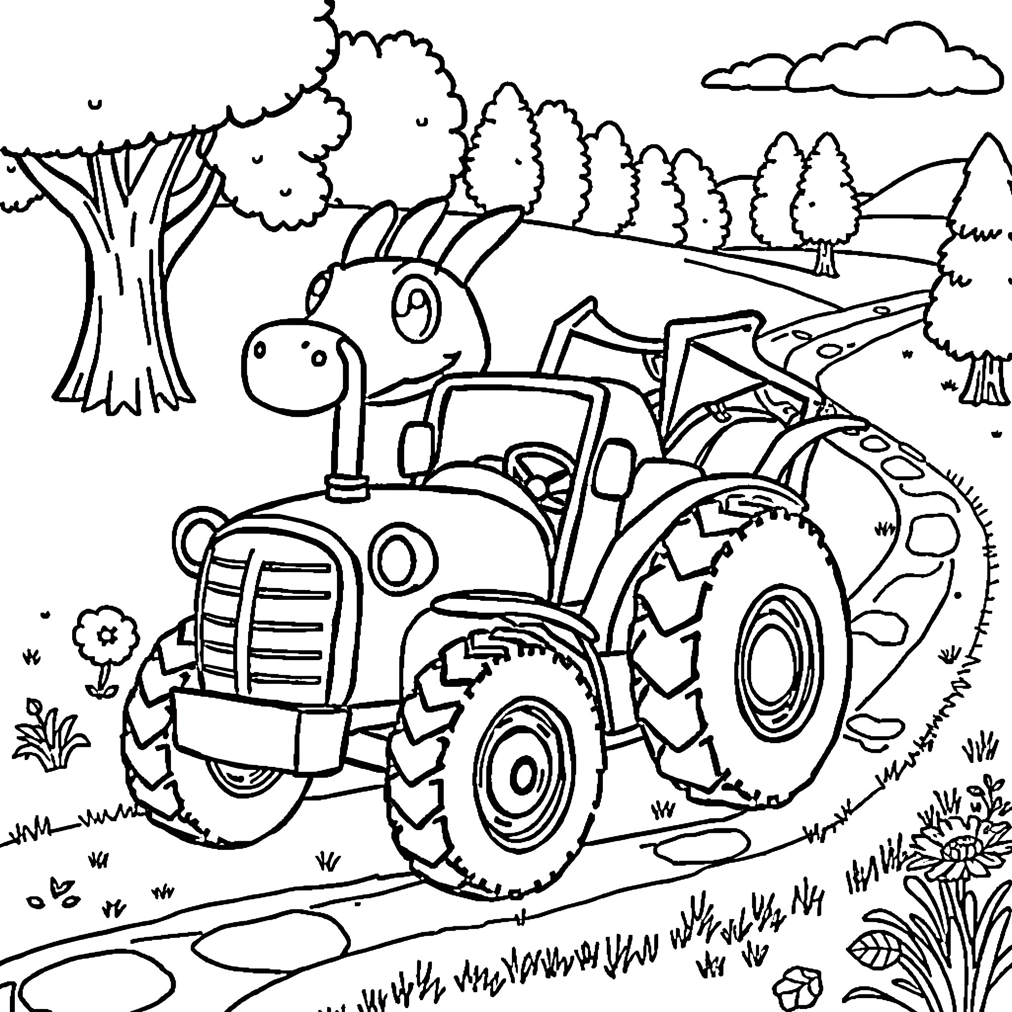 Dragon Tractor Traversing the Countryside Coloring Page (free black-and-white line drawing printable PDF for all, from beginners to advanced learners, including children, teens, adults, and seniors)