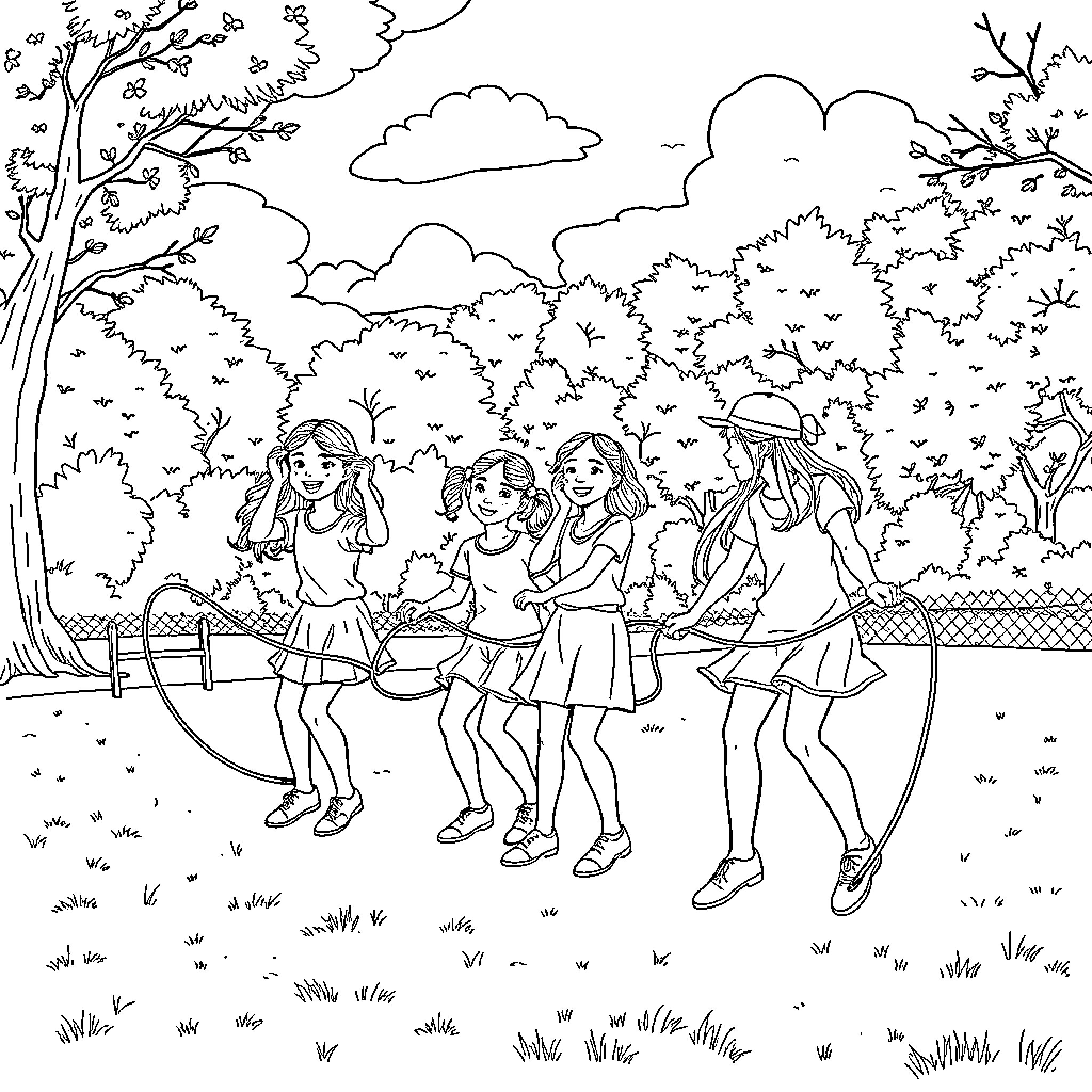Girls playing together in the park Coloring Page (free black-and-white line drawing printable PDF for all, from beginners to advanced learners, including children, teens, adults, and seniors)