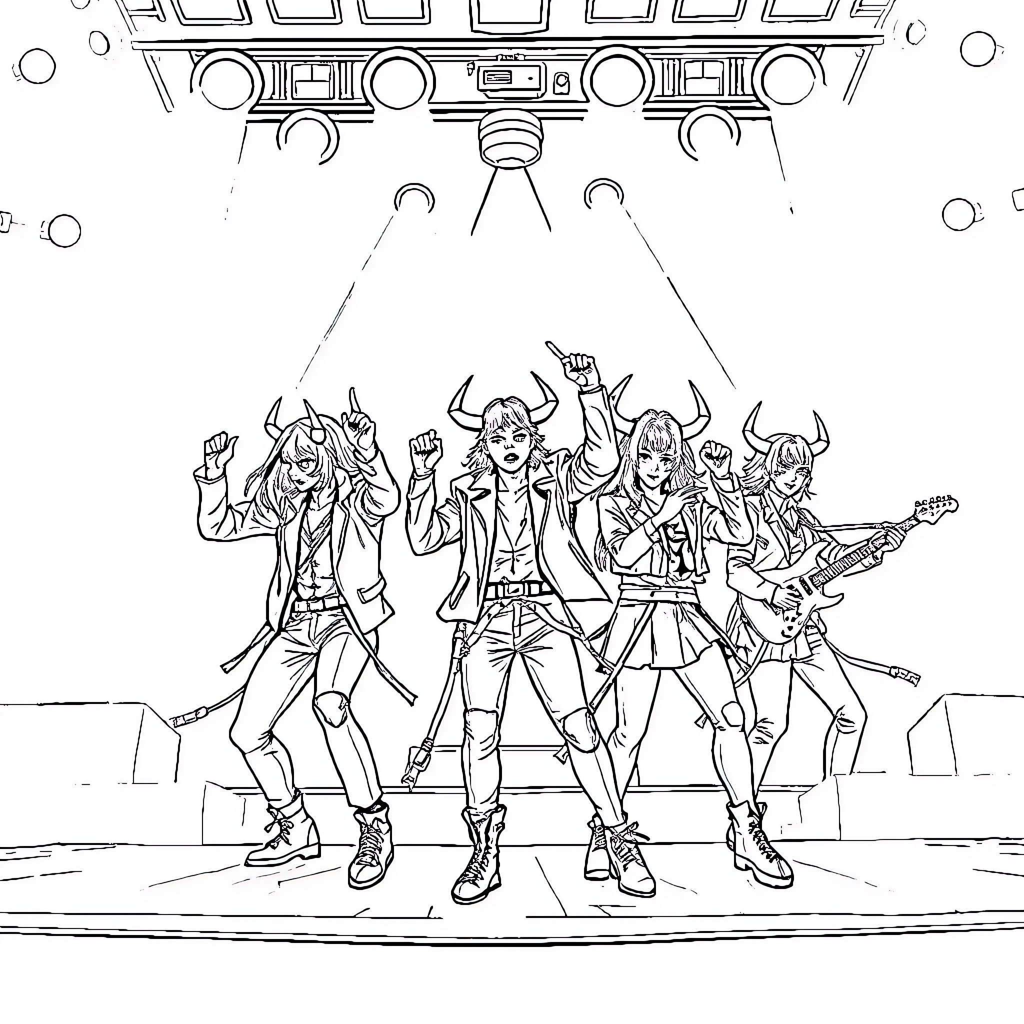 Demon Hunter Squad Rocking on Stage Coloring Page (free black-and-white line drawing printable PDF for all, from beginners to advanced learners, including children, teens, adults, and seniors)