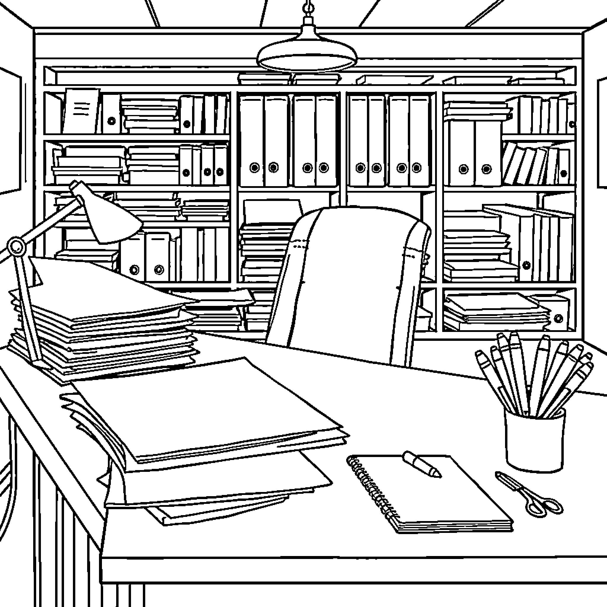 Desk with Organized Office Supplies and Workspace Coloring Page (free black-and-white line drawing printable PDF for all, from beginners to advanced learners, including children, teens, adults, and seniors)