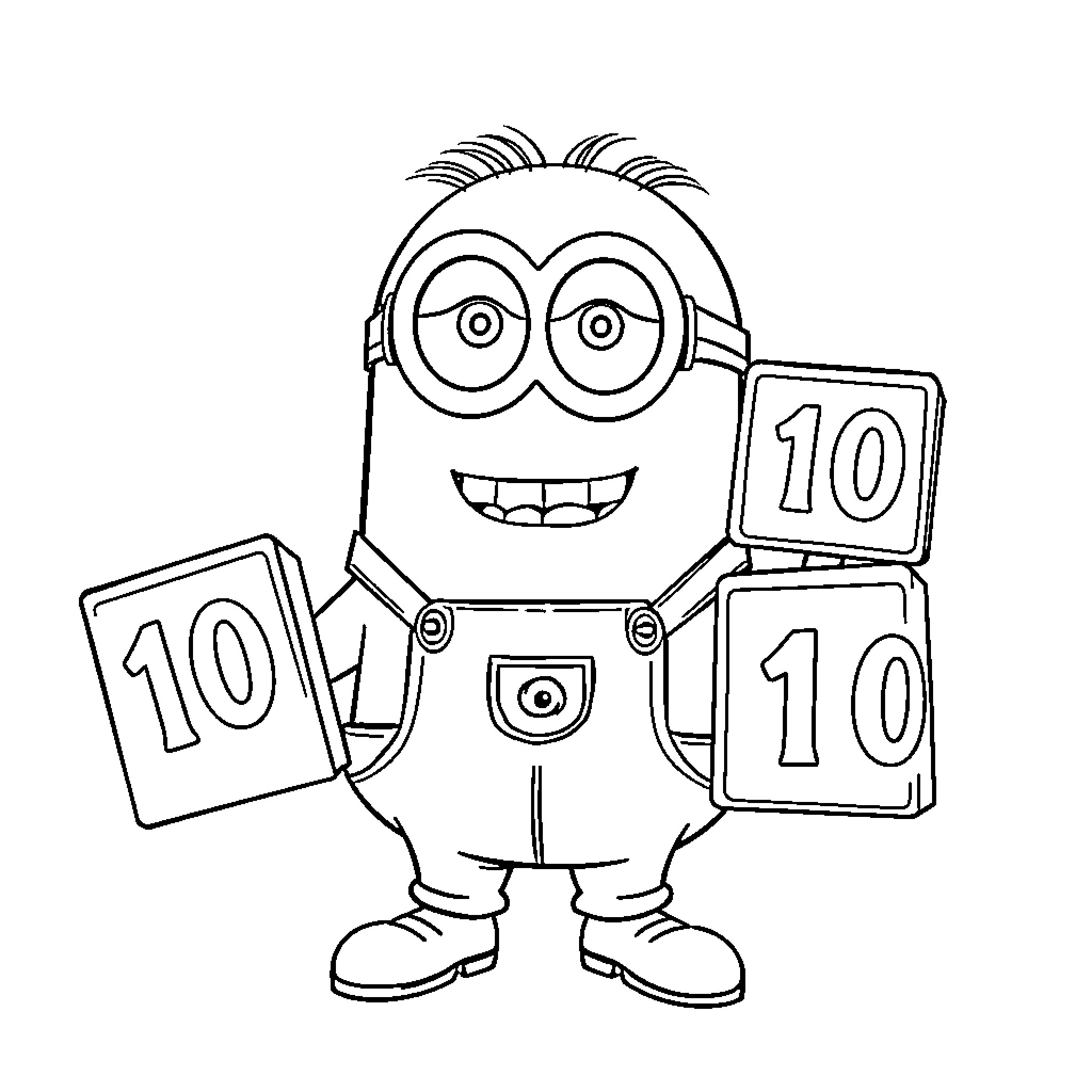 Minion Holding Scorecards and Smiling Coloring Page (free black-and-white line drawing printable PDF for all, from beginners to advanced learners, including children, teens, adults, and seniors)