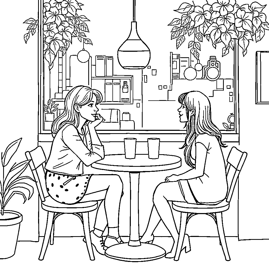 Cat friends enjoying conversation in cozy cafe Coloring Page (free black-and-white line drawing printable PDF for all, from beginners to advanced learners, including children, teens, adults, and seniors)