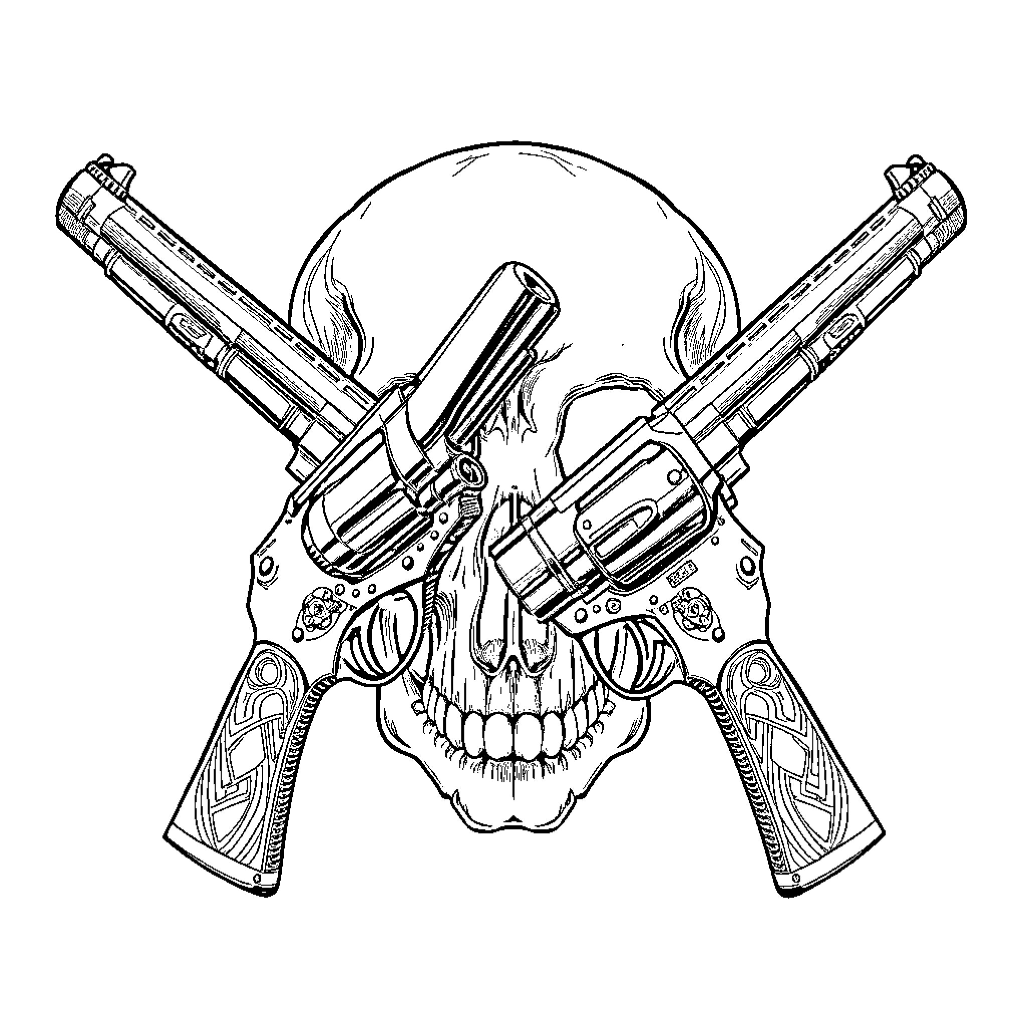 Skull with crossed revolvers Coloring Page (free black-and-white line drawing printable PDF for all, from beginners to advanced learners, including children, teens, adults, and seniors)