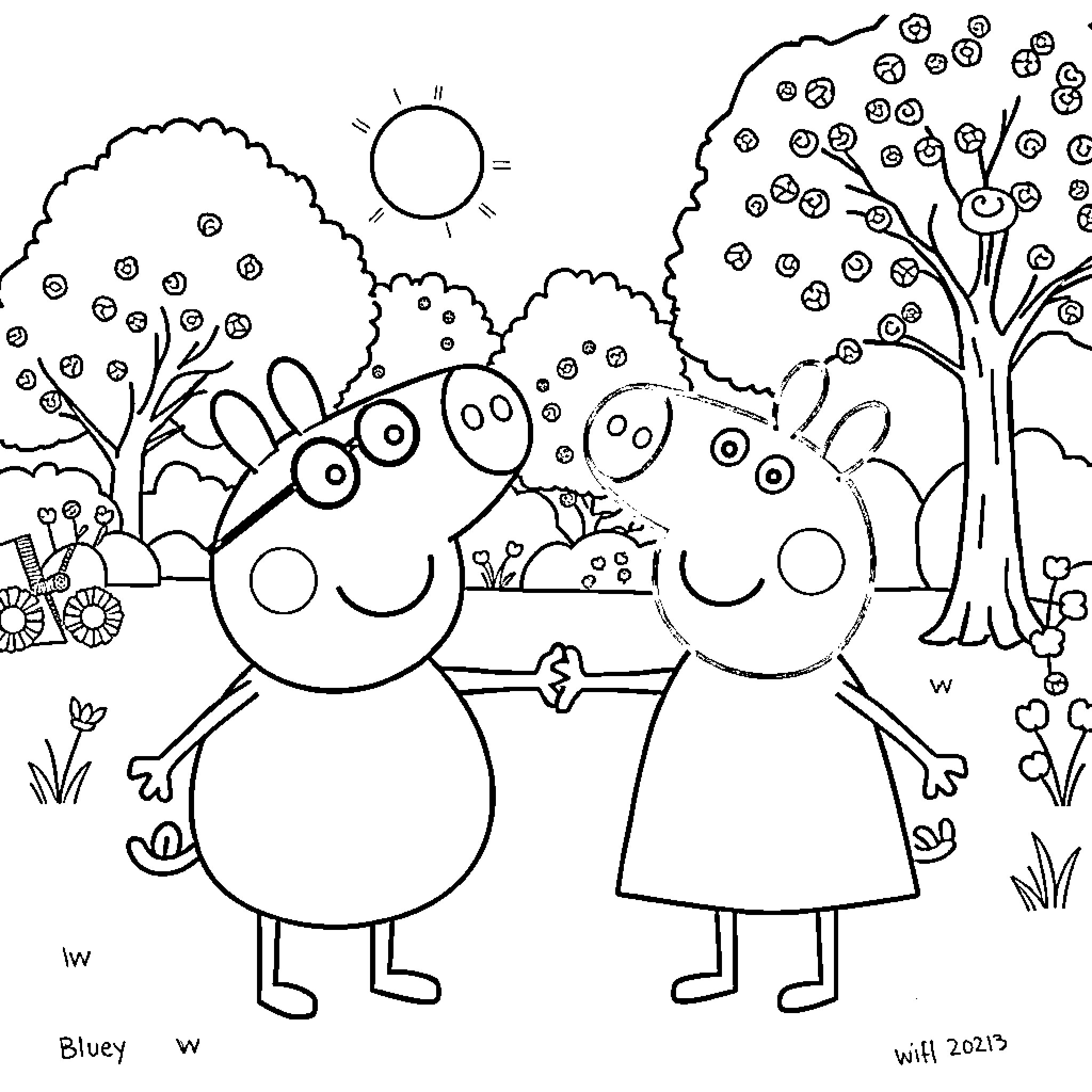 Bluey and Friends Explore the Outdoors Coloring Page (free black-and-white line drawing printable PDF for all, from beginners to advanced learners, including children, teens, adults, and seniors)