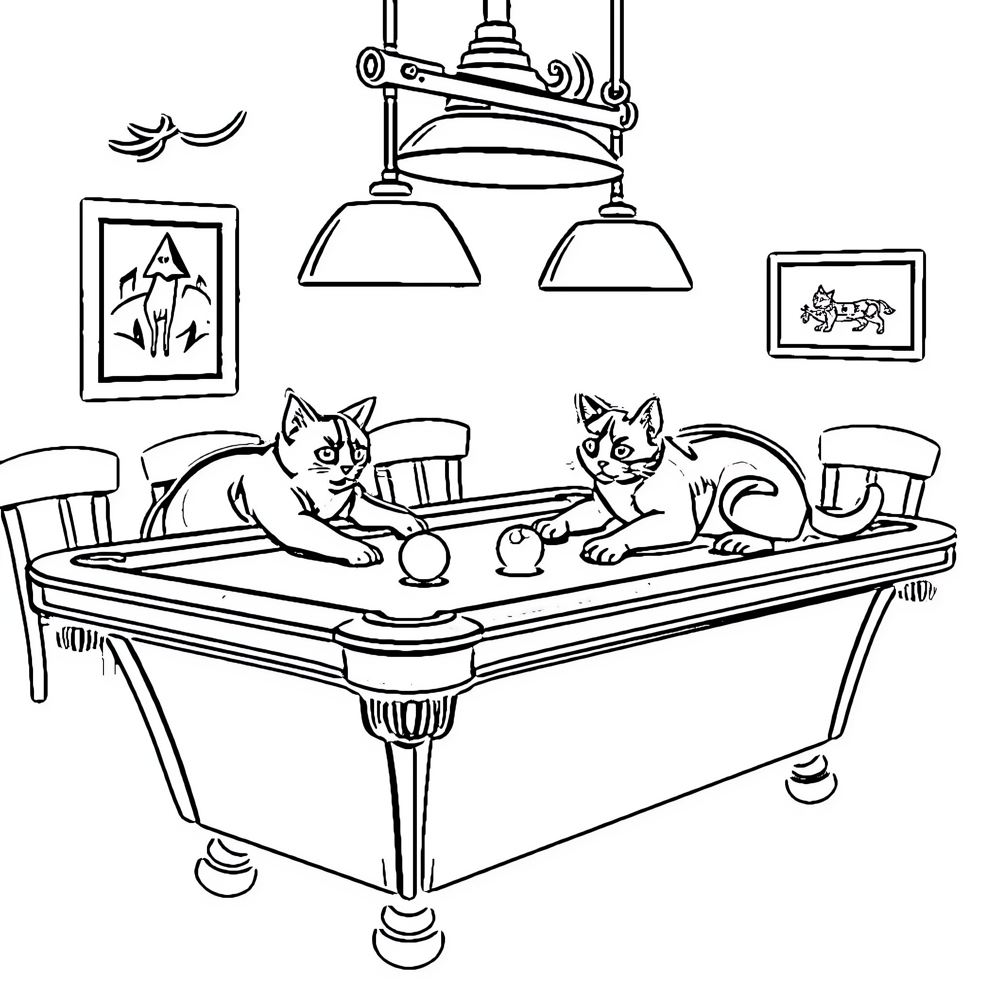 Cats Playing on Dining Room Table Coloring Page (free black-and-white line drawing printable PDF for all, from beginners to advanced learners, including children, teens, adults, and seniors)