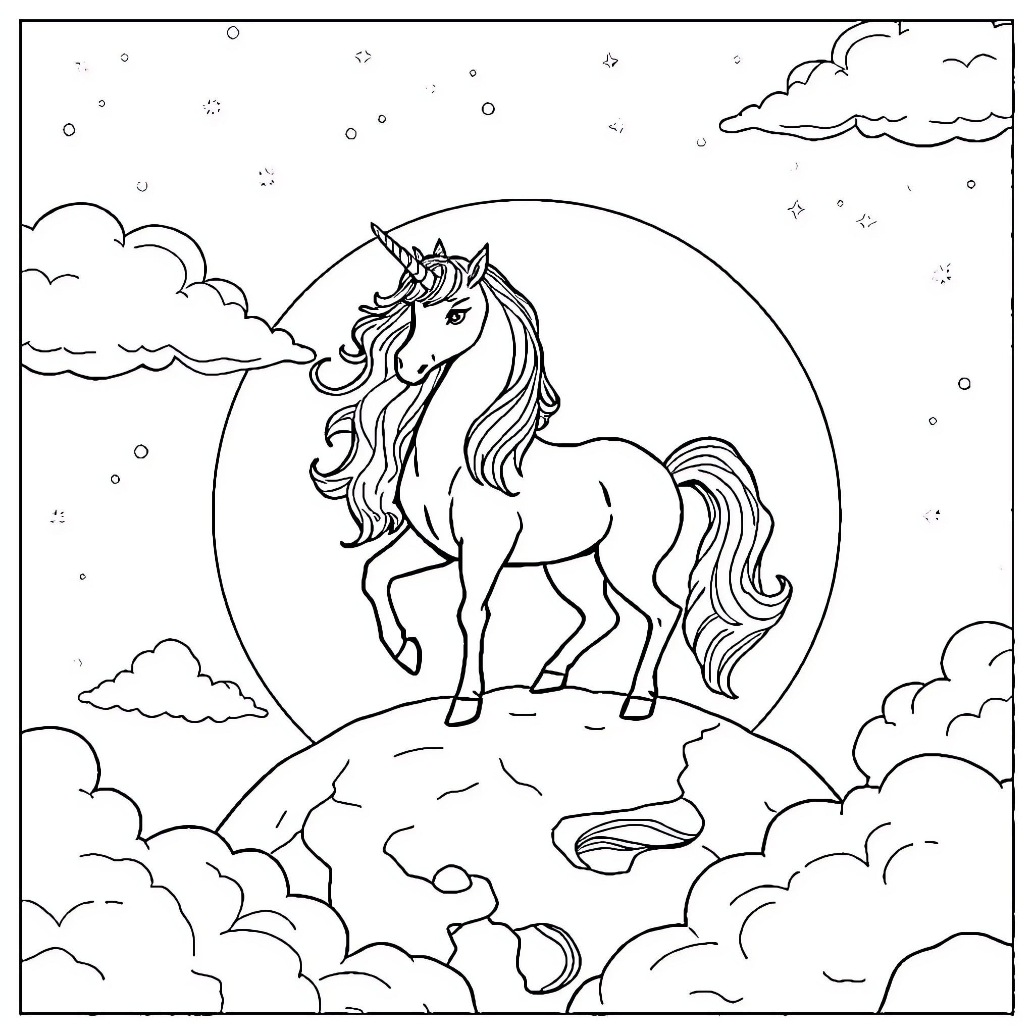 Unicorn standing majestically on a cloud-covered hilltop Coloring Page (free black-and-white line drawing printable PDF for all, from beginners to advanced learners, including children, teens, adults, and seniors)
