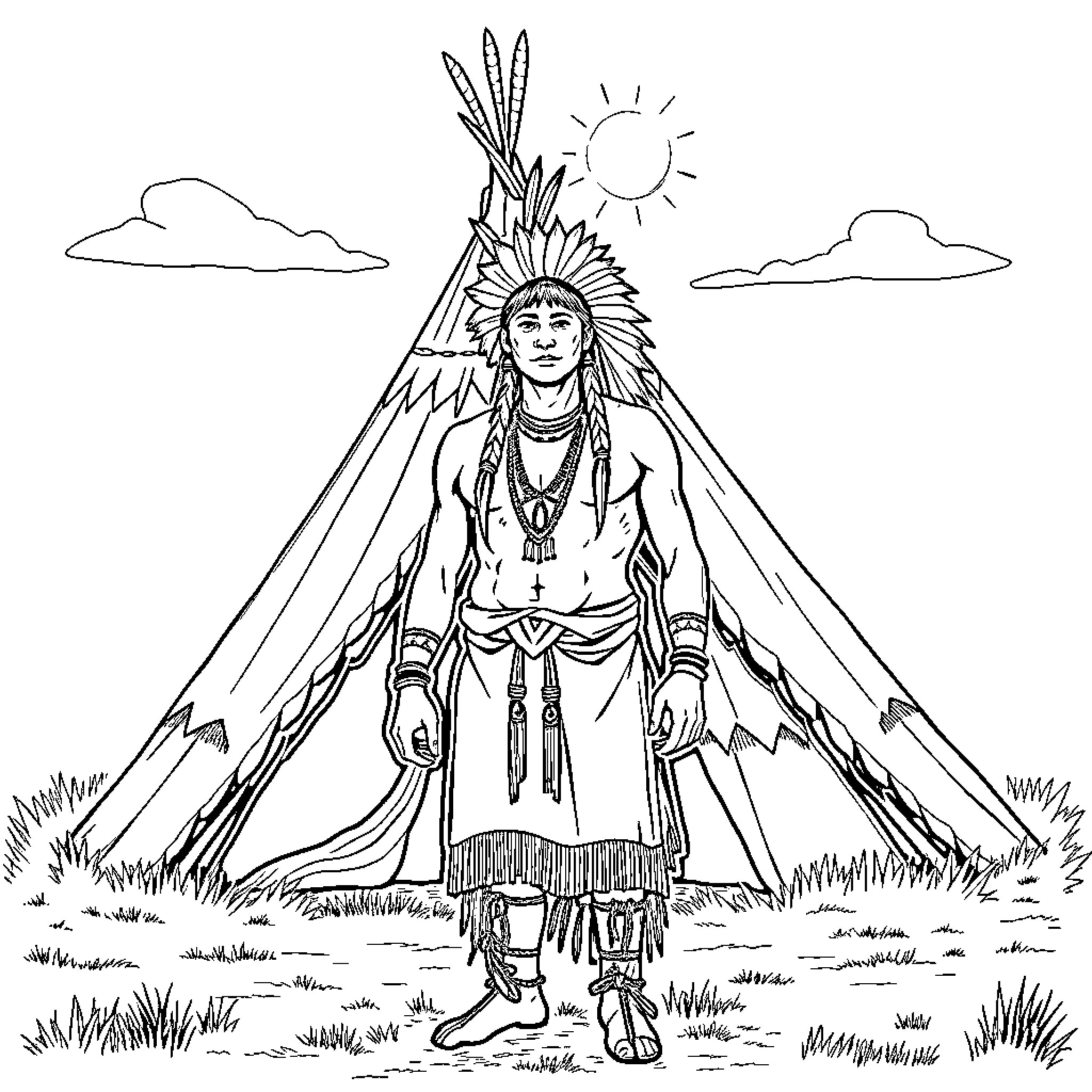 Native American tribesman in traditional attire Coloring Page (free black-and-white line drawing printable PDF for all, from beginners to advanced learners, including children, teens, adults, and seniors)