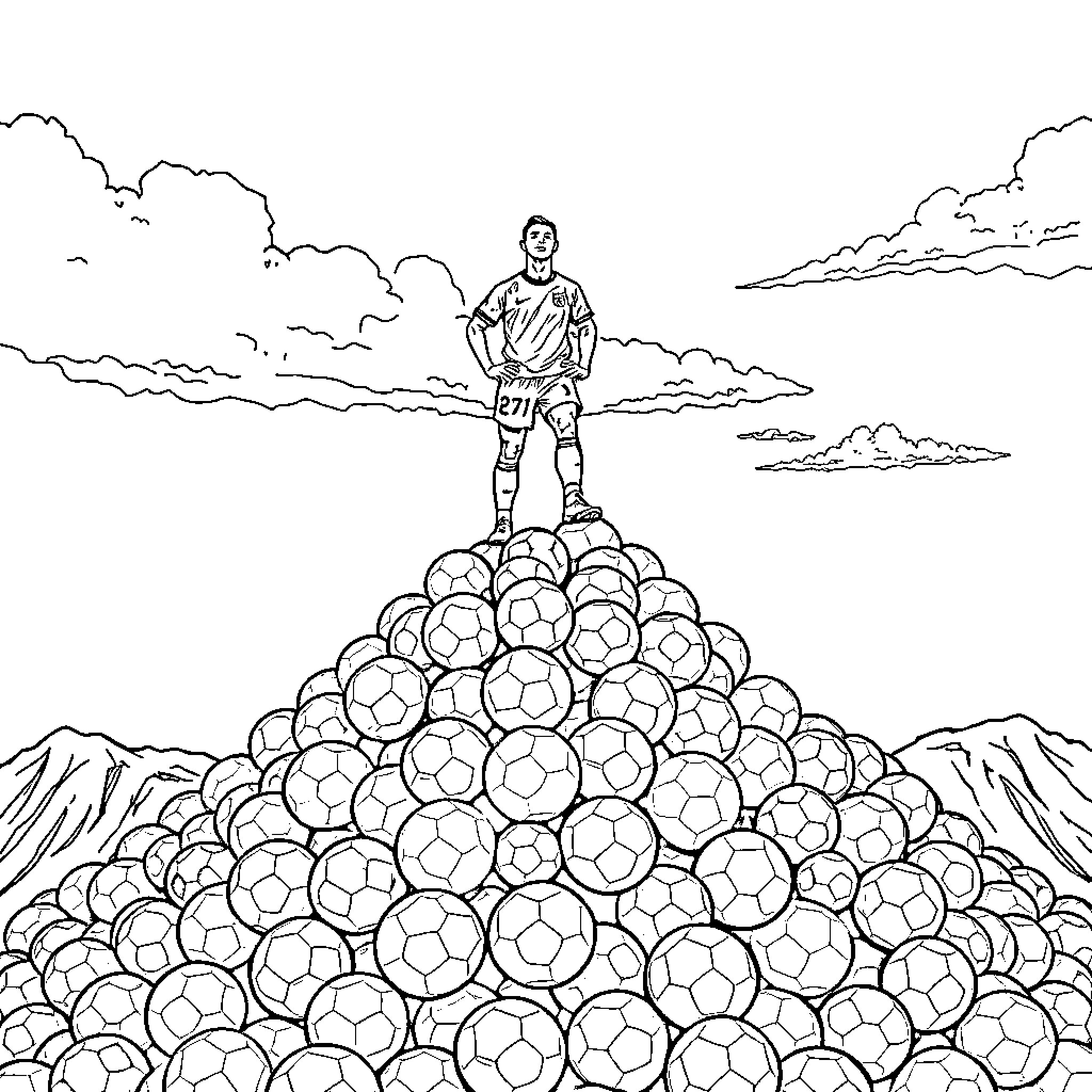 Cristiano Ronaldo Conquering the Mountain of Footballs Coloring Page (free black-and-white line drawing printable PDF for all, from beginners to advanced learners, including children, teens, adults, and seniors)