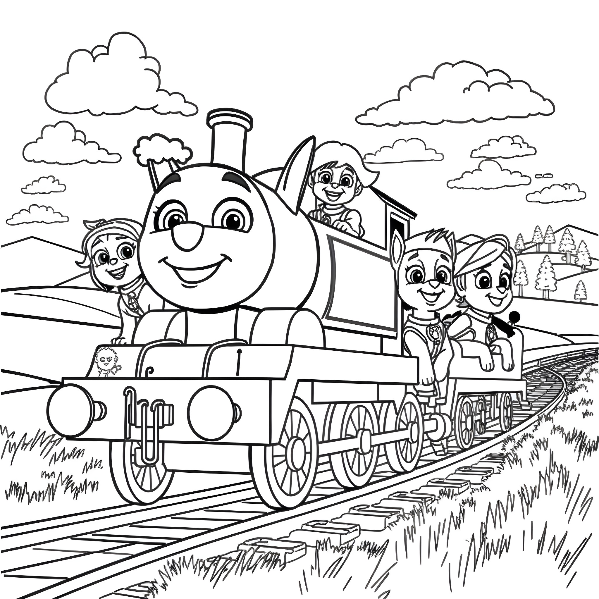 Paw Patrol characters riding on a train Coloring Page (free black-and-white line drawing printable PDF for all, from beginners to advanced learners, including children, teens, adults, and seniors)