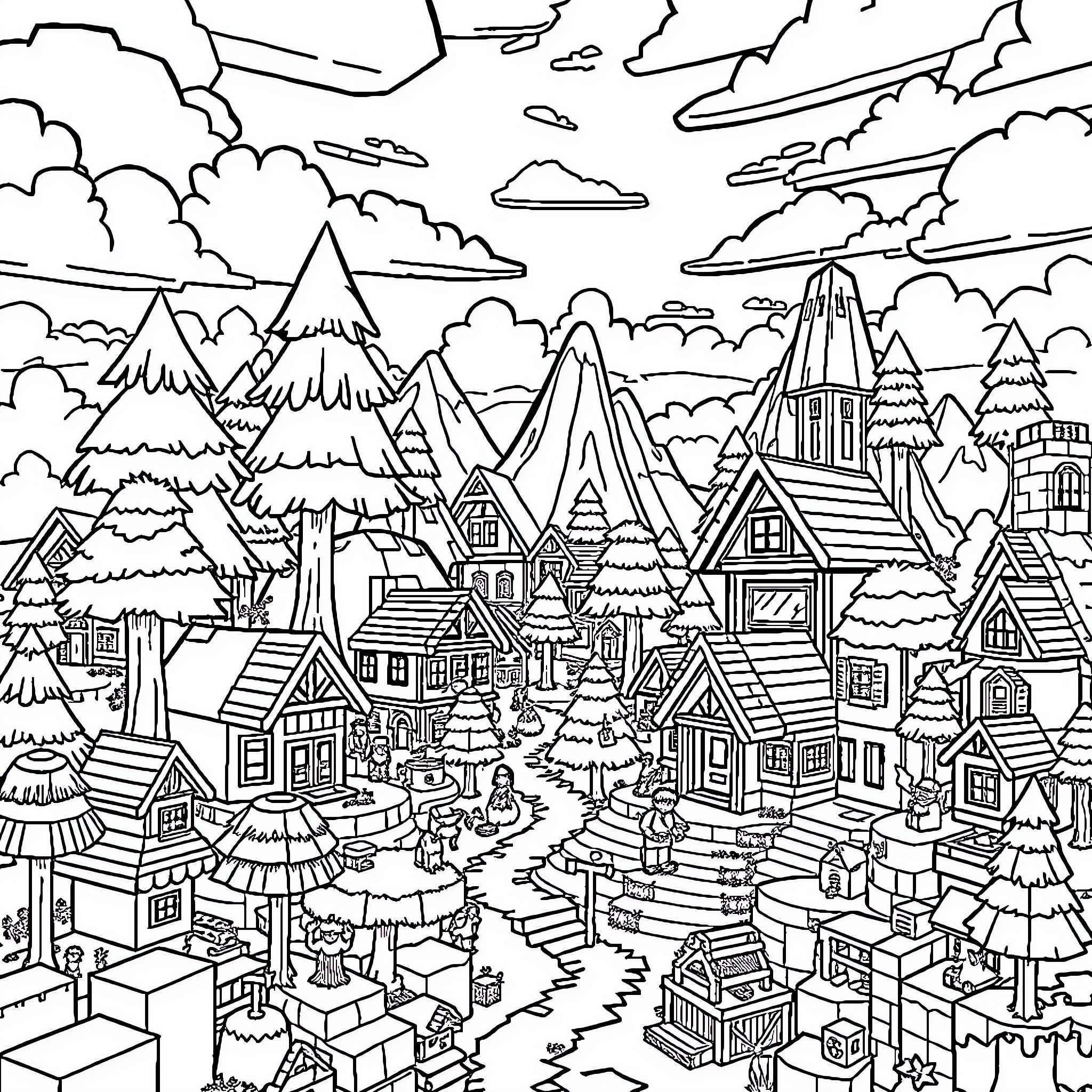 Minecraft Fantastical Village in the Mountains Coloring Page (free black-and-white line drawing printable PDF for all, from beginners to advanced learners, including children, teens, adults, and seniors)