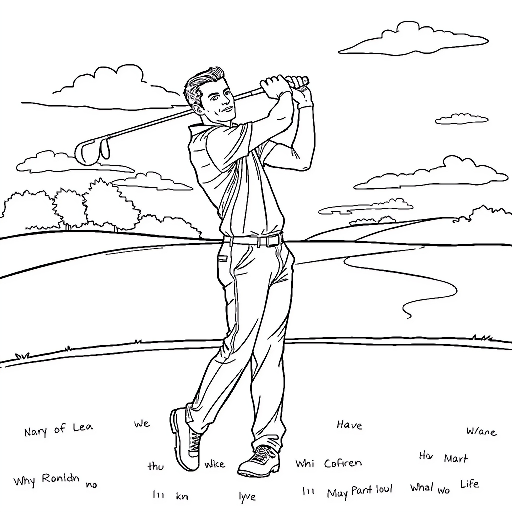 Ronaldo playing golf on a scenic course Coloring Page (free black-and-white line drawing printable PDF for all, from beginners to advanced learners, including children, teens, adults, and seniors)