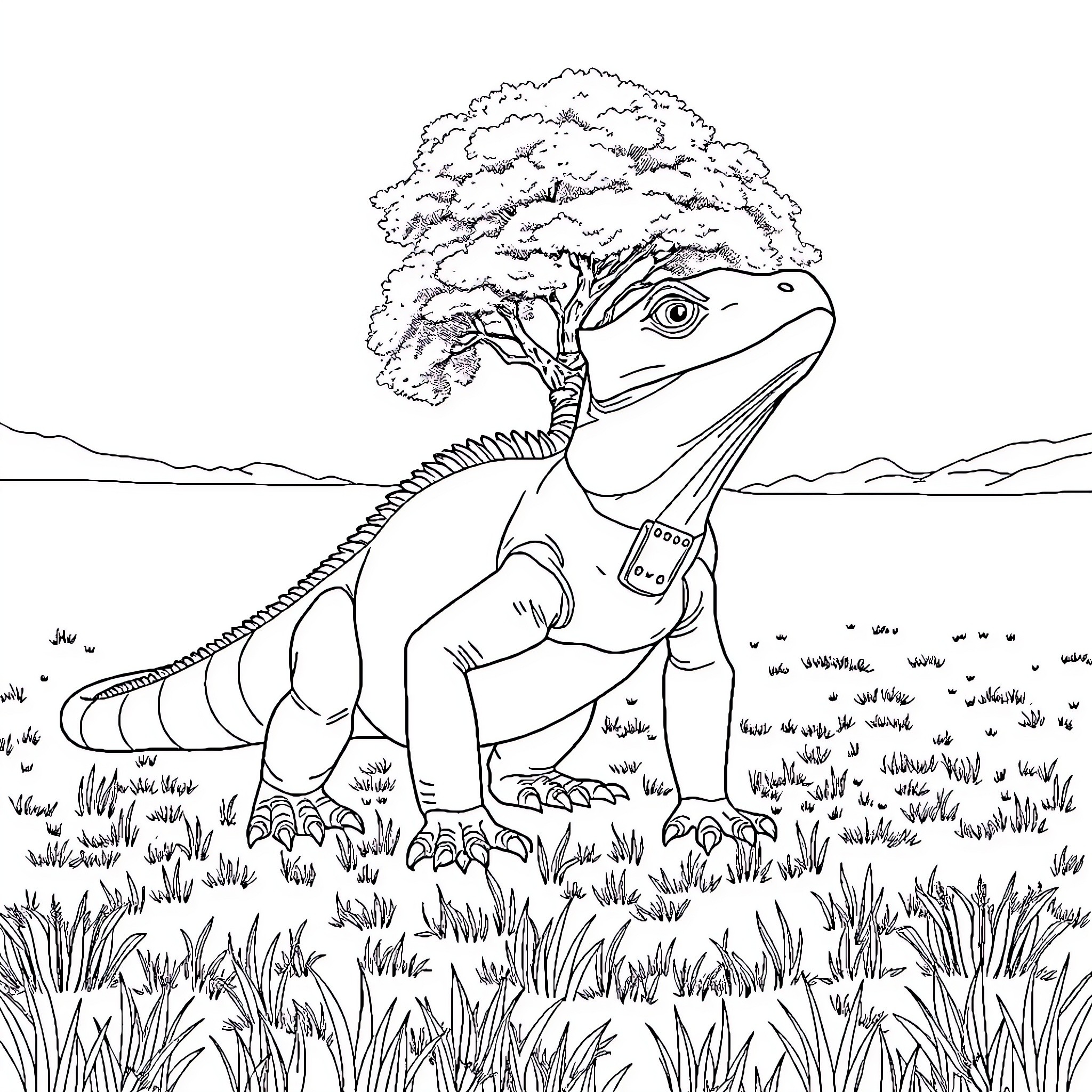 Komodo Dragon in Natural Habitat Coloring Page (free black-and-white line drawing printable PDF for all, from beginners to advanced learners, including children, teens, adults, and seniors)