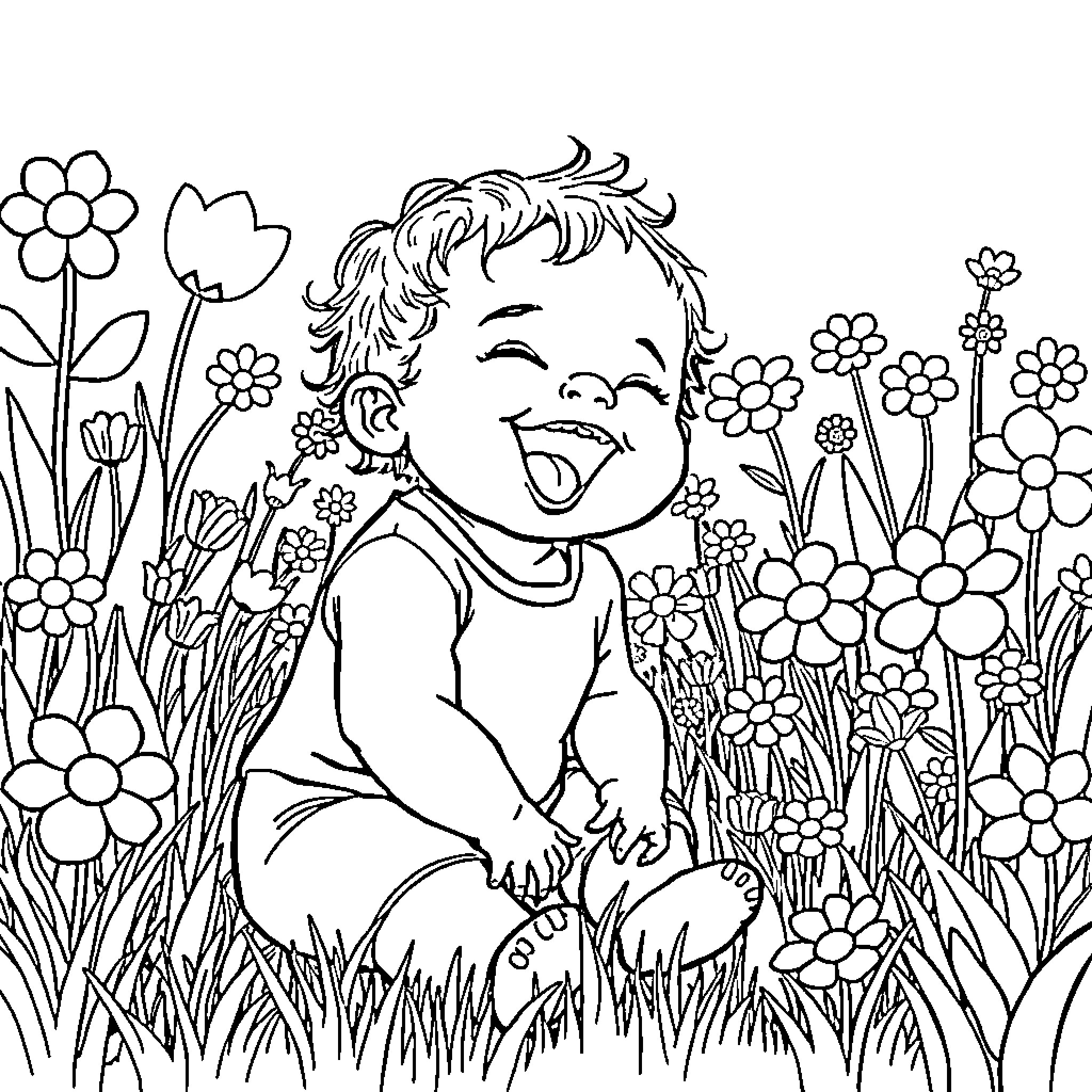 Baby exploring the vibrant garden full of flowers Coloring Page (free black-and-white line drawing printable PDF for all, from beginners to advanced learners, including children, teens, adults, and seniors)