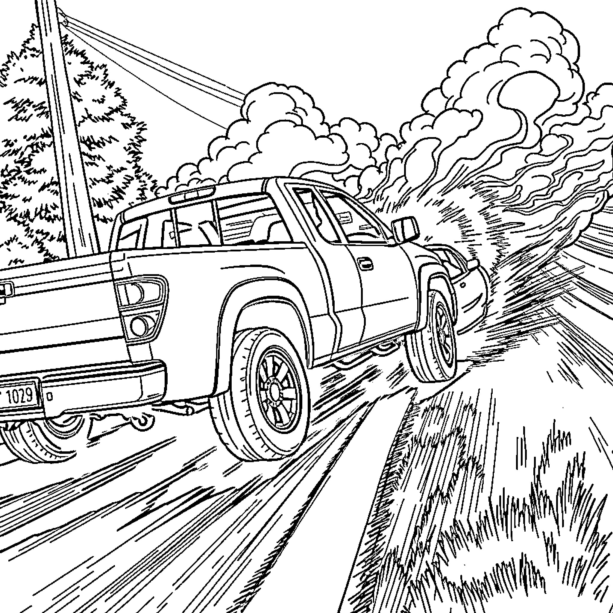 Pickup Truck Speeding Through Countryside Coloring Page (free black-and-white line drawing printable PDF for all, from beginners to advanced learners, including children, teens, adults, and seniors)