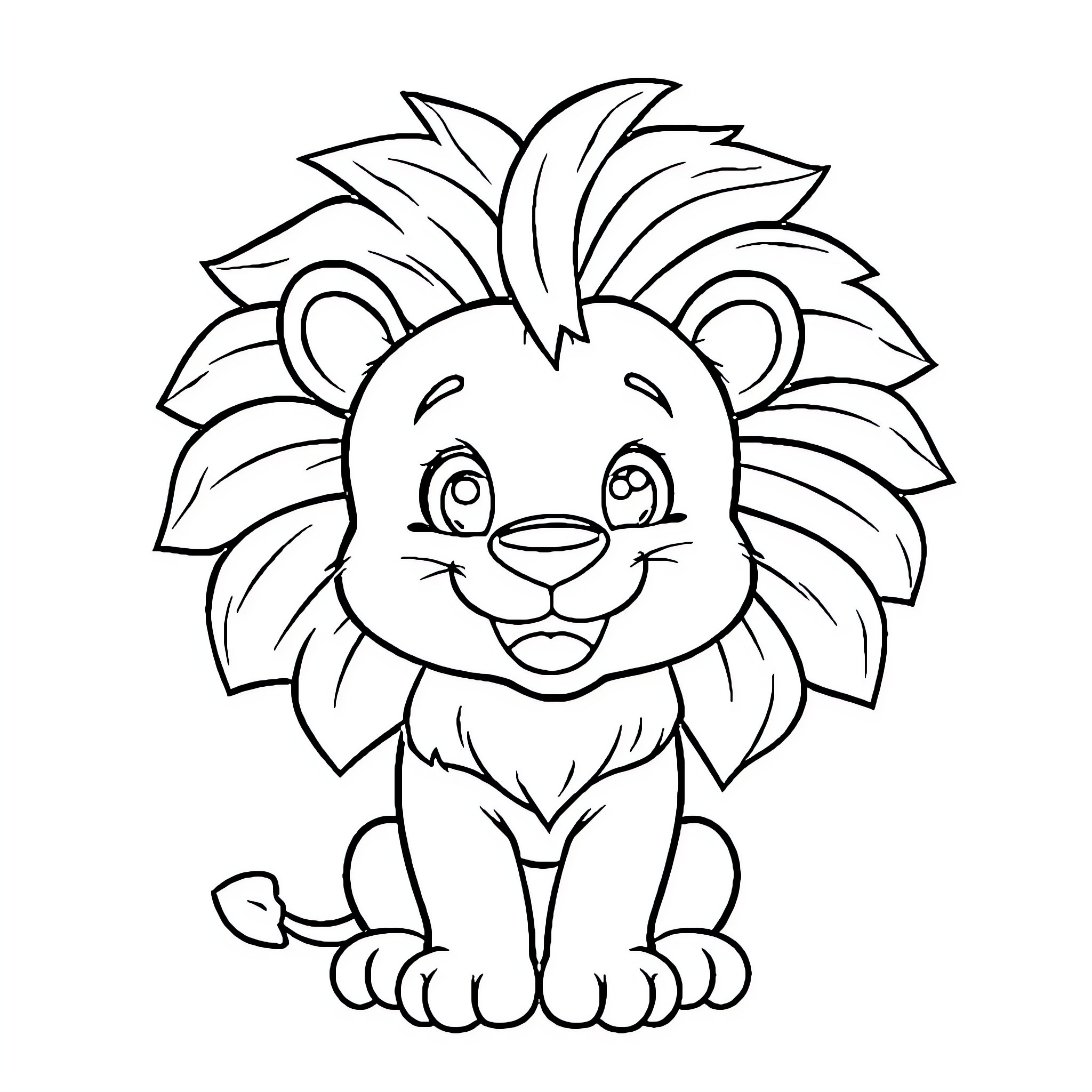Lion Cub Smiling Playfully Coloring Page (free black-and-white line drawing printable PDF for all, from beginners to advanced learners, including children, teens, adults, and seniors)