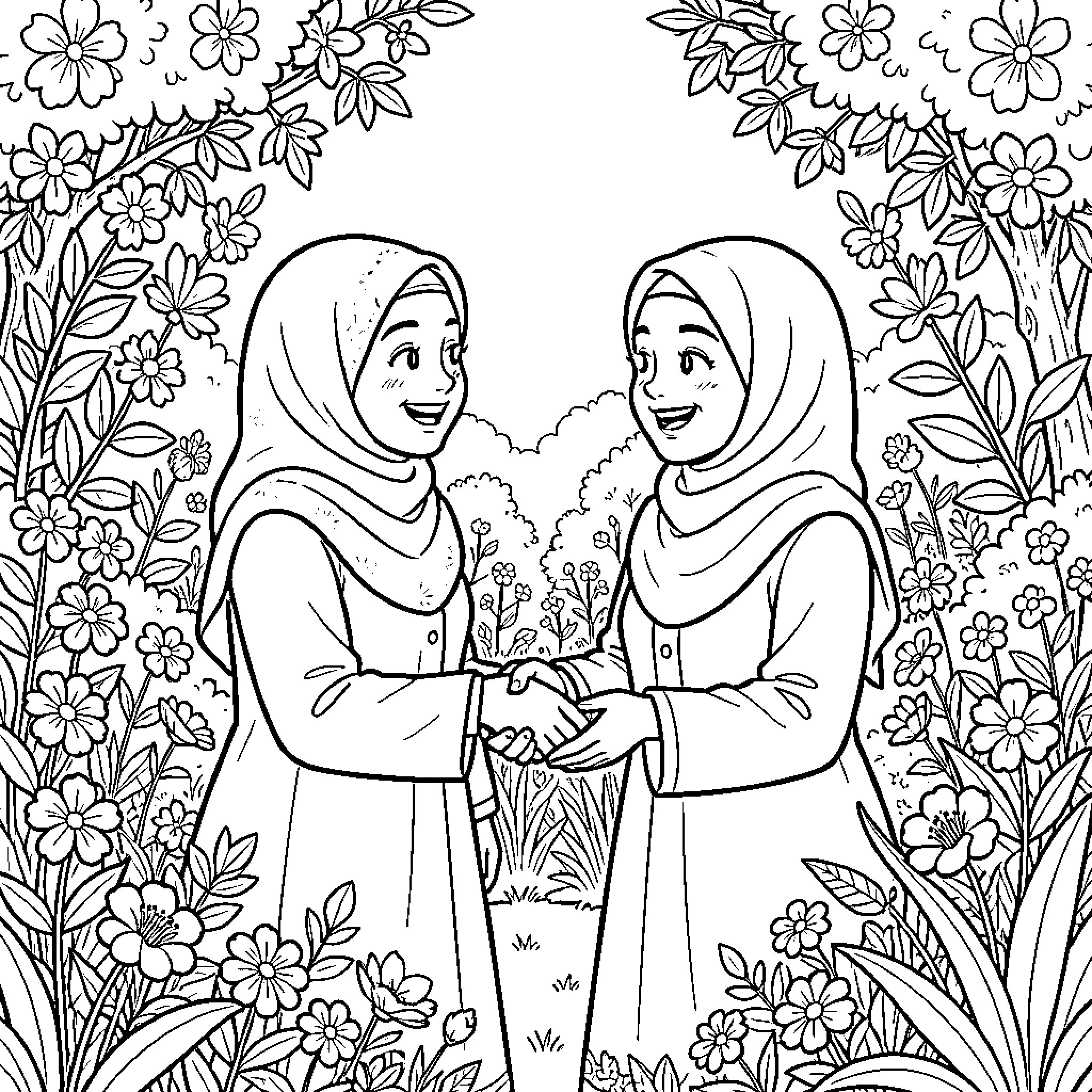 Women meeting in flower garden Coloring Page (free black-and-white line drawing printable PDF for all, from beginners to advanced learners, including children, teens, adults, and seniors)