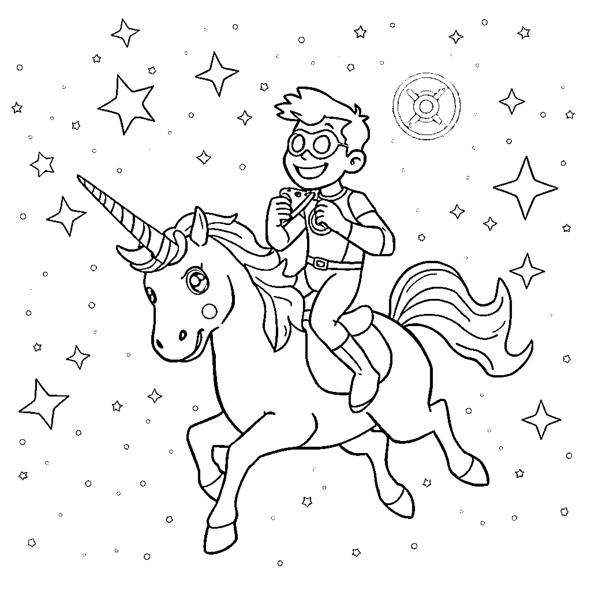 Green Lantern riding a unicorn among the stars Coloring Page (free black-and-white line drawing printable PDF for all, from beginners to advanced learners, including children, teens, adults, and seniors)