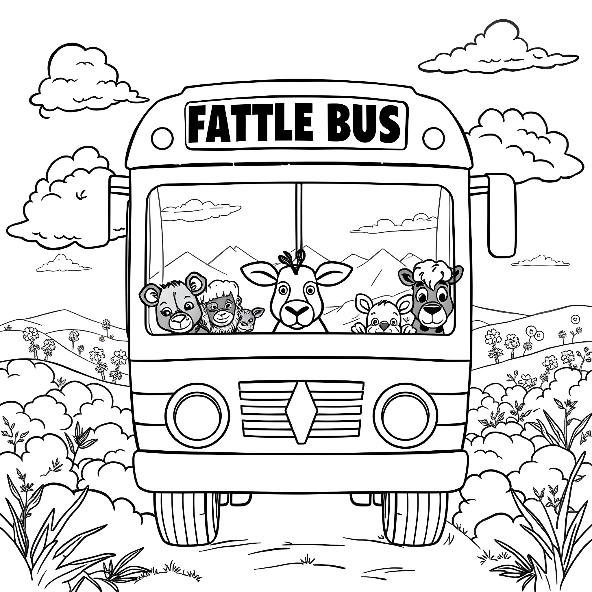 Zoo Animal Riding in Cartoon Bus with Peers Coloring Page (free black-and-white line drawing printable PDF for all, from beginners to advanced learners, including children, teens, adults, and seniors)