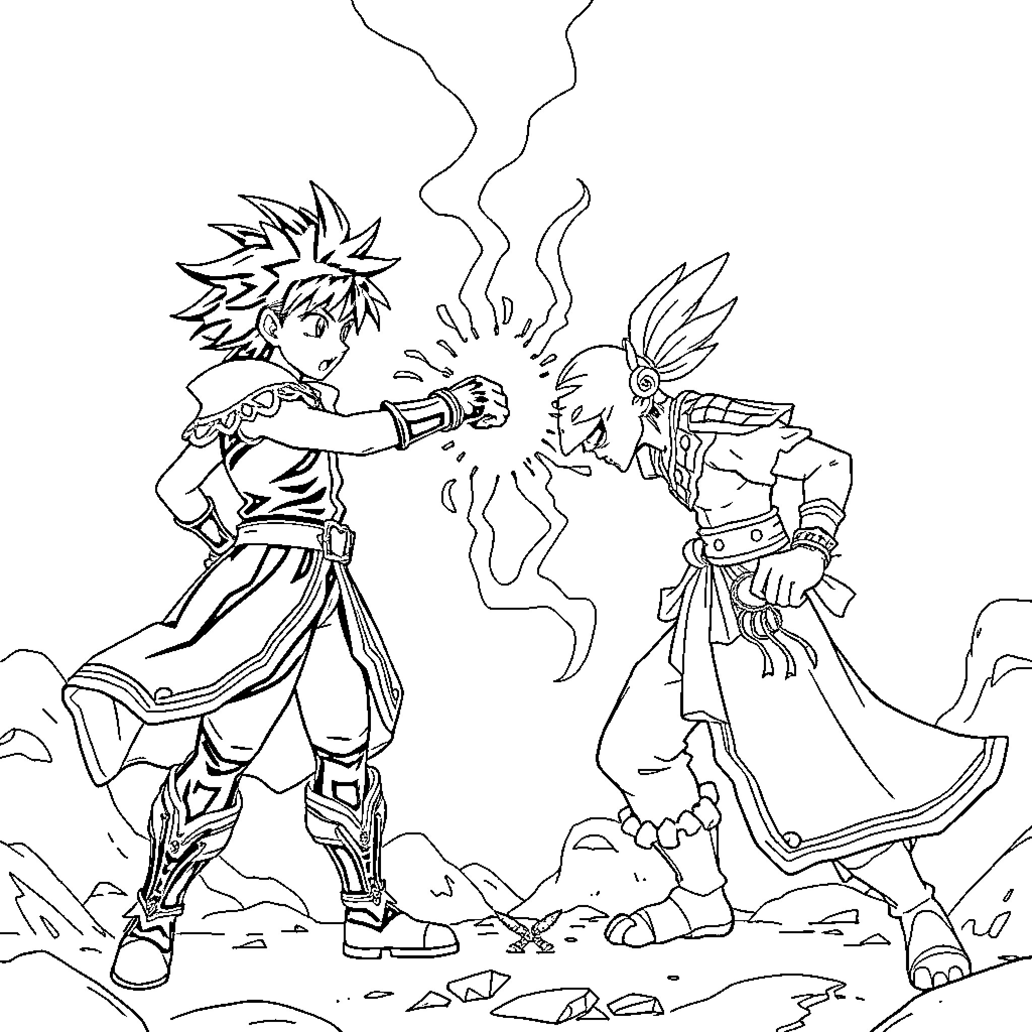 Asta vs Dai: Clash of Powerful Protagonists Coloring Page (free black-and-white line drawing printable PDF for all, from beginners to advanced learners, including children, teens, adults, and seniors)
