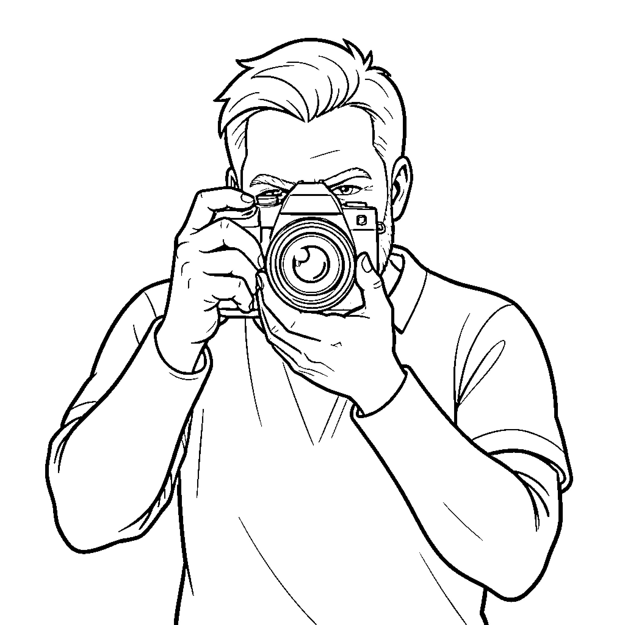 Camera capturing a moment in time Coloring Page (free black-and-white line drawing printable PDF for all, from beginners to advanced learners, including children, teens, adults, and seniors)
