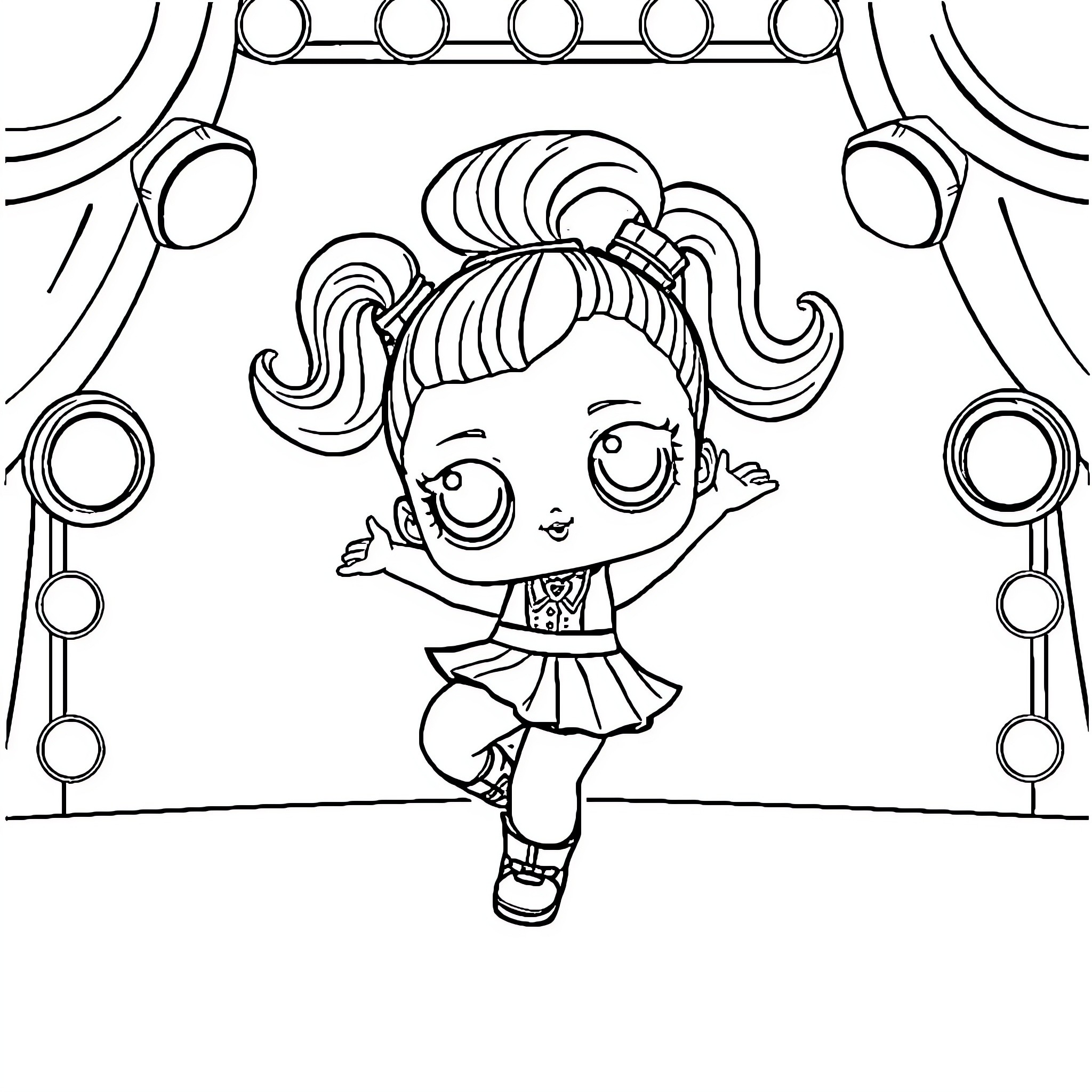 Lol Doll performing on stage with energy Coloring Page (free black-and-white line drawing printable PDF for all, from beginners to advanced learners, including children, teens, adults, and seniors)