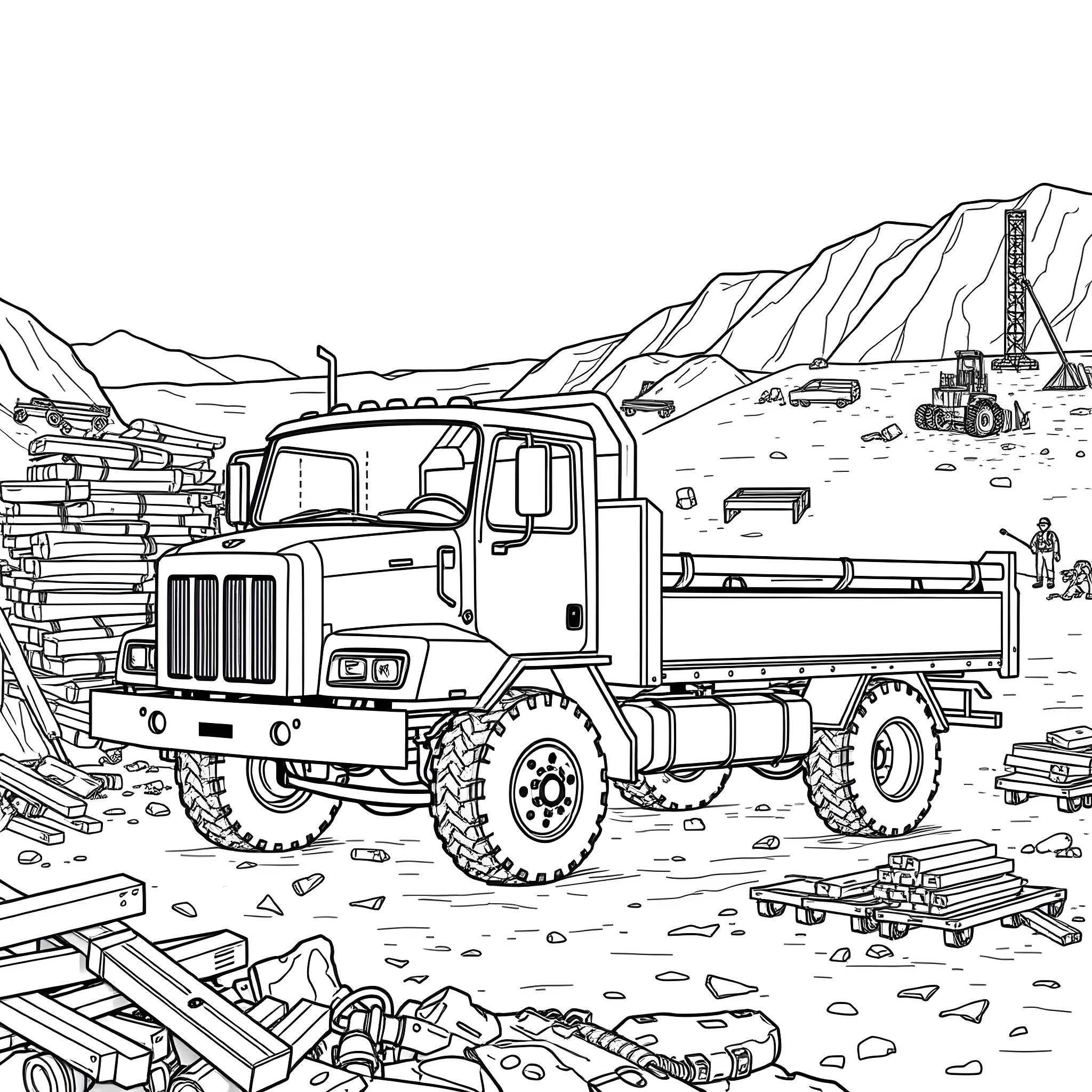 Flatbed truck transporting cargo in rugged terrain Coloring Page (free black-and-white line drawing printable PDF for all, from beginners to advanced learners, including children, teens, adults, and seniors)