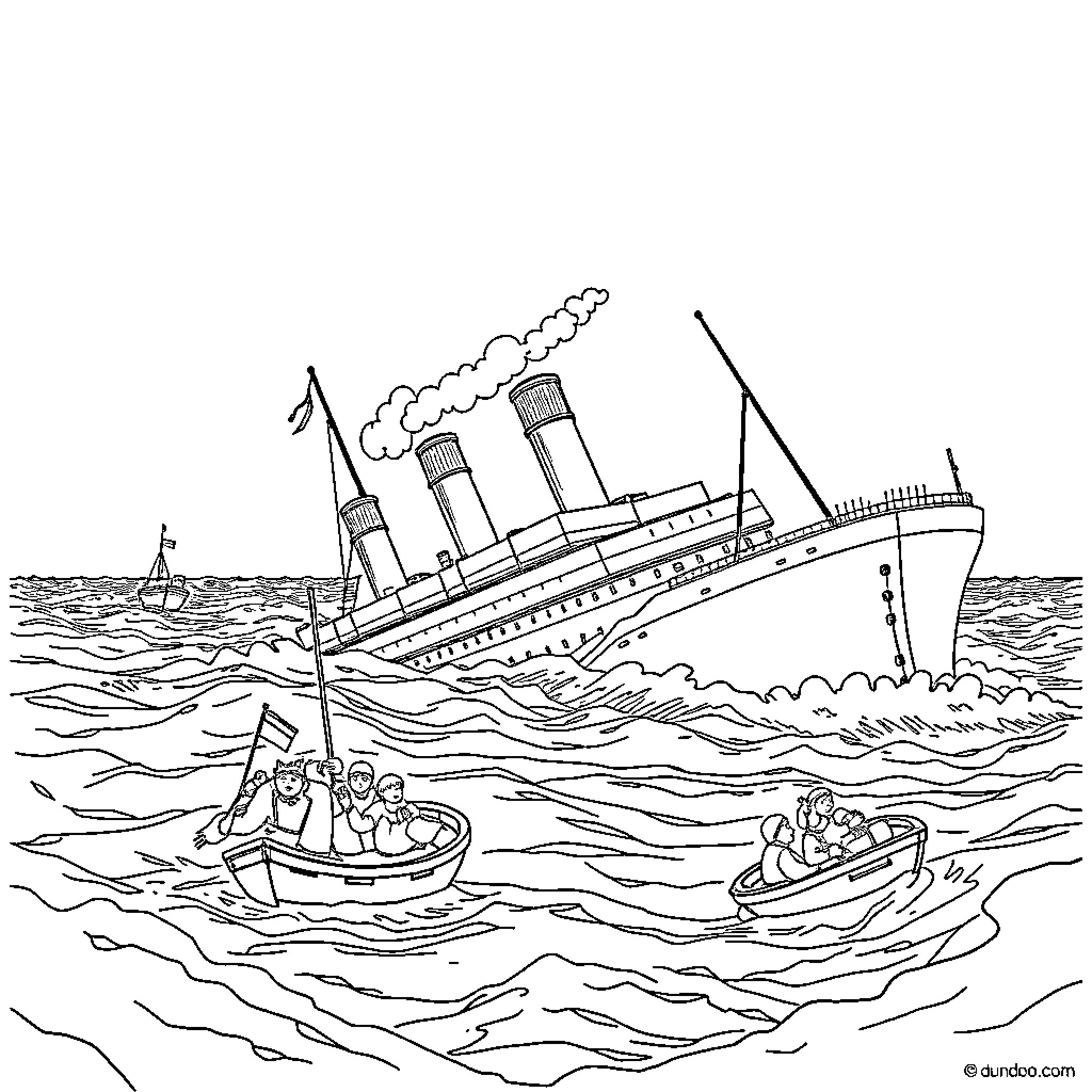 Titanic Sinking Ship with Lifeboats Rescue Coloring Page (free black-and-white line drawing printable PDF for all, from beginners to advanced learners, including children, teens, adults, and seniors)