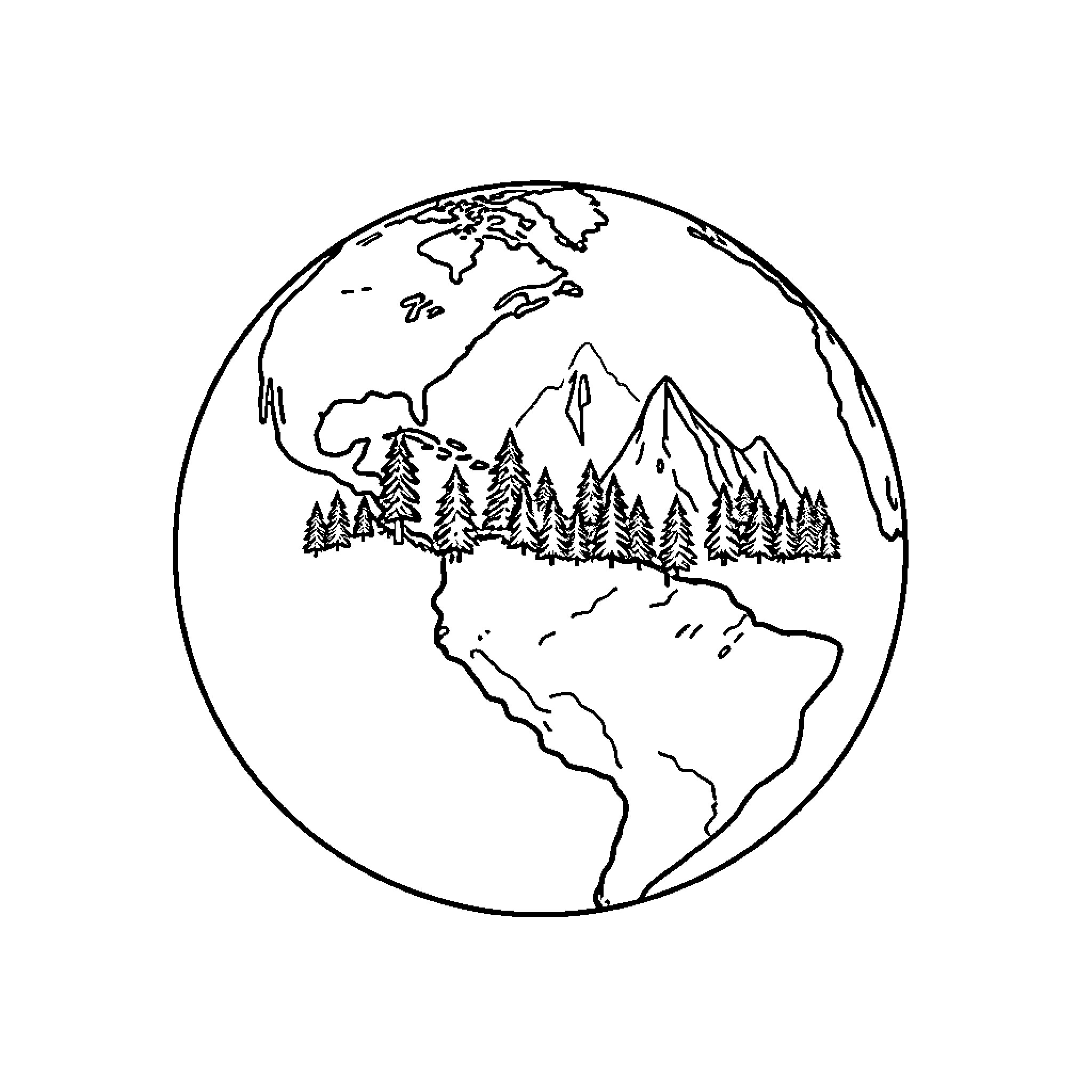 Earth showcasing majestic mountains and forests Coloring Page (free black-and-white line drawing printable PDF for all, from beginners to advanced learners, including children, teens, adults, and seniors)