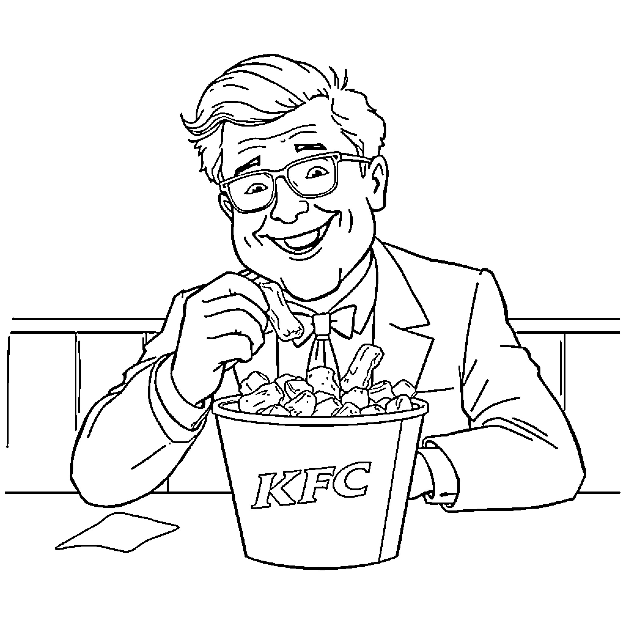 Thomas Forrester enjoying a KFC bucket meal Coloring Page (free black-and-white line drawing printable PDF for all, from beginners to advanced learners, including children, teens, adults, and seniors)