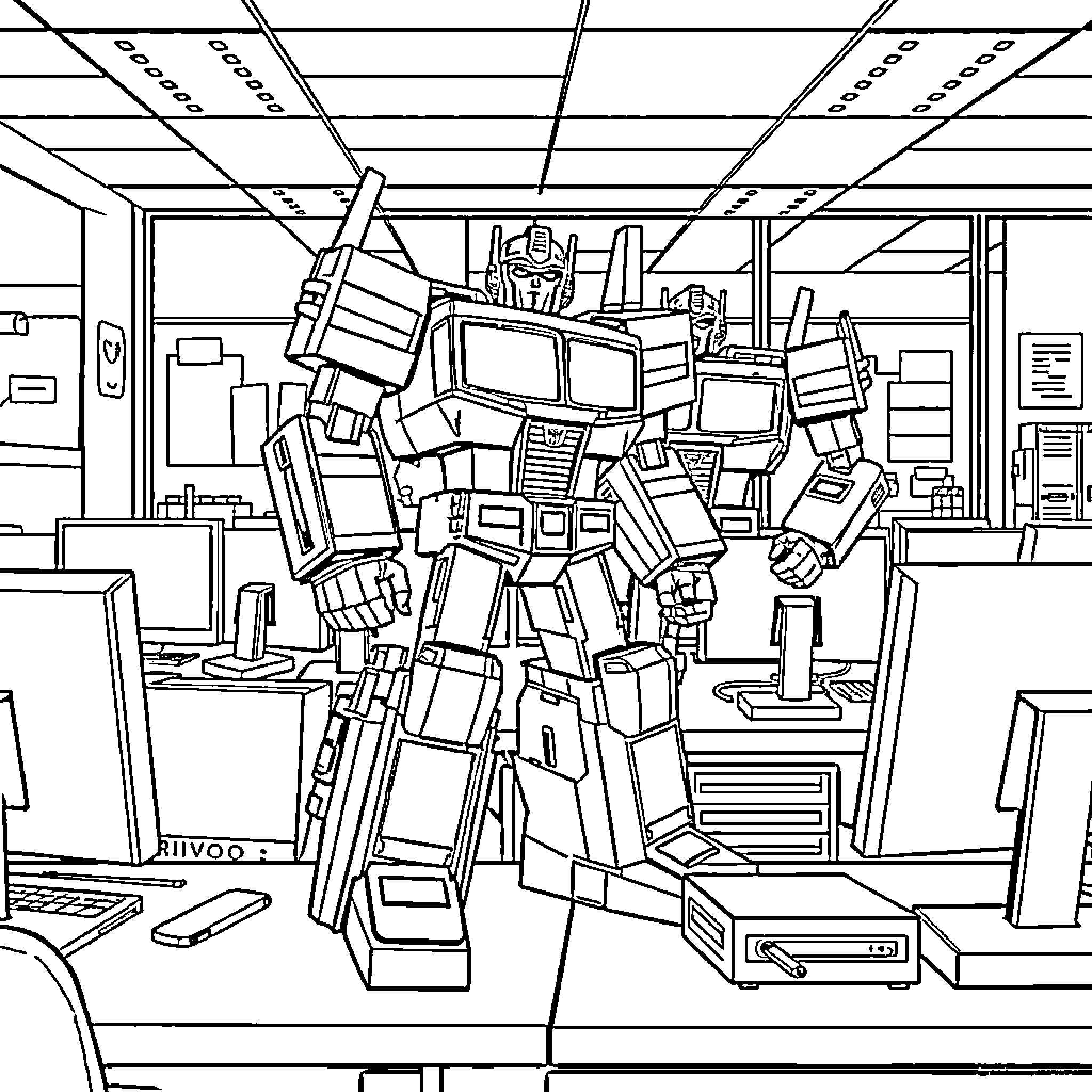 Transformer robot in an office environment Coloring Page (free black-and-white line drawing printable PDF for all, from beginners to advanced learners, including children, teens, adults, and seniors)