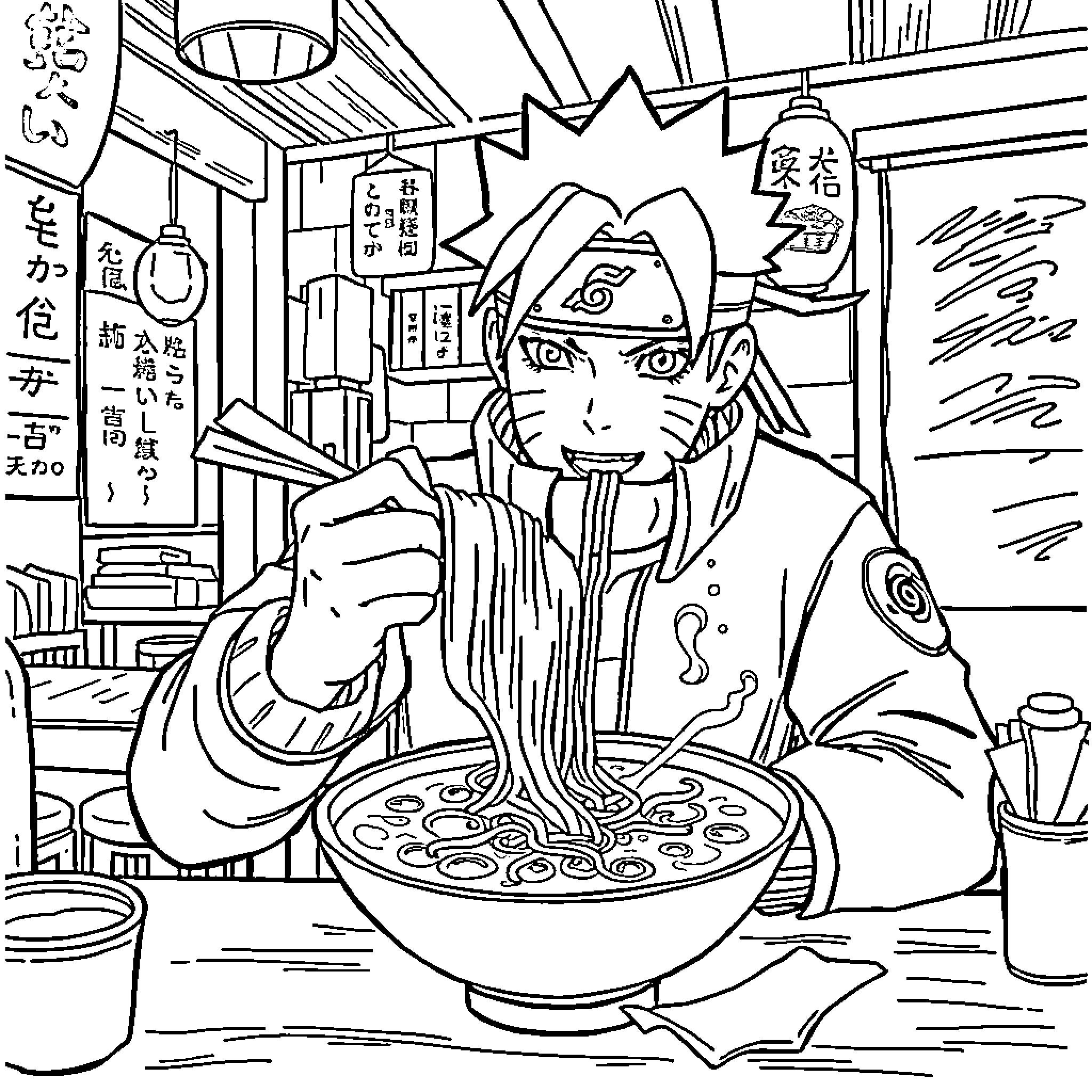 Naruto enjoying a bowl of ramen in a cozy noodle shop Coloring Page (free black-and-white line drawing printable PDF for all, from beginners to advanced learners, including children, teens, adults, and seniors)