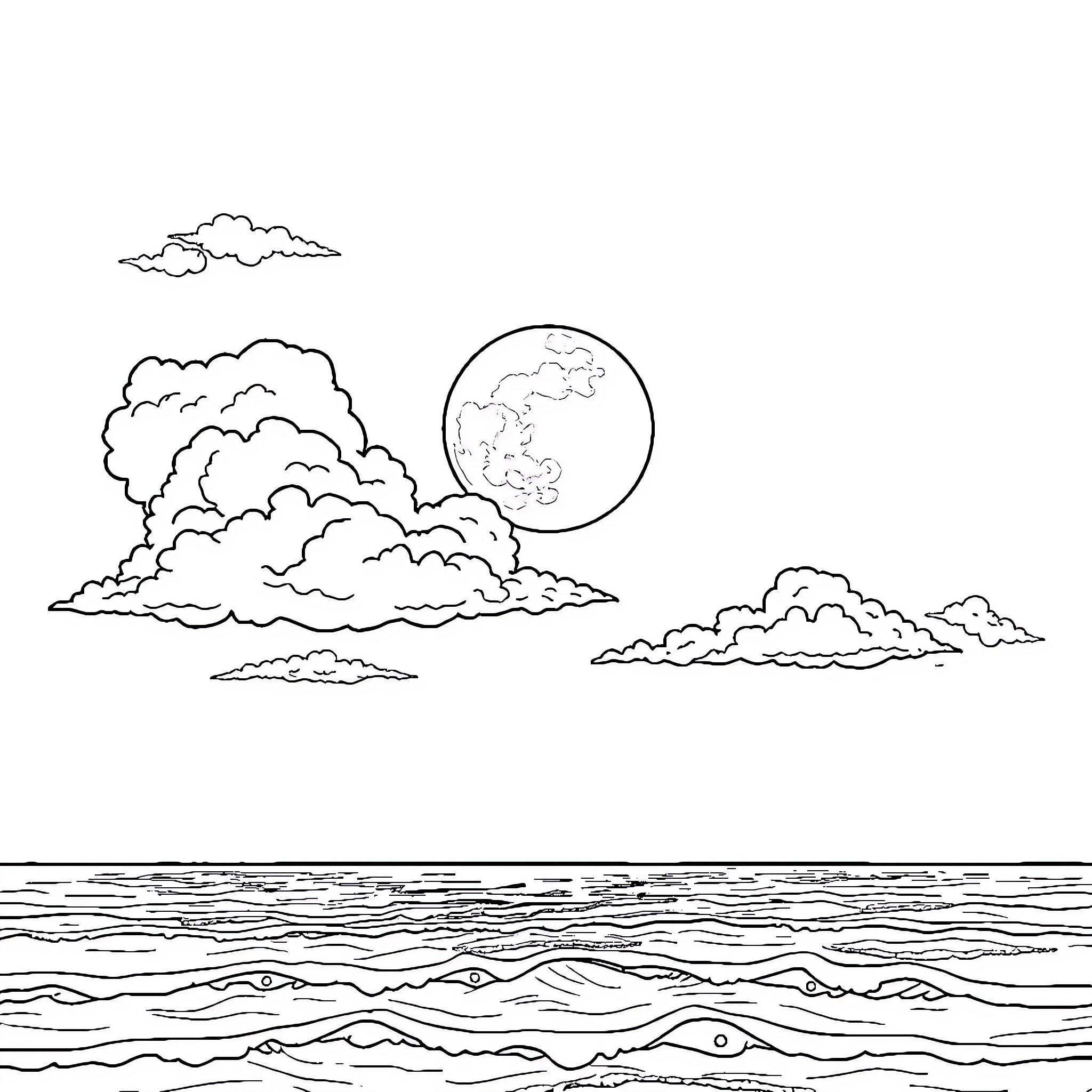 Moon shining over dramatic cloud formations Coloring Page (free black-and-white line drawing printable PDF for all, from beginners to advanced learners, including children, teens, adults, and seniors)