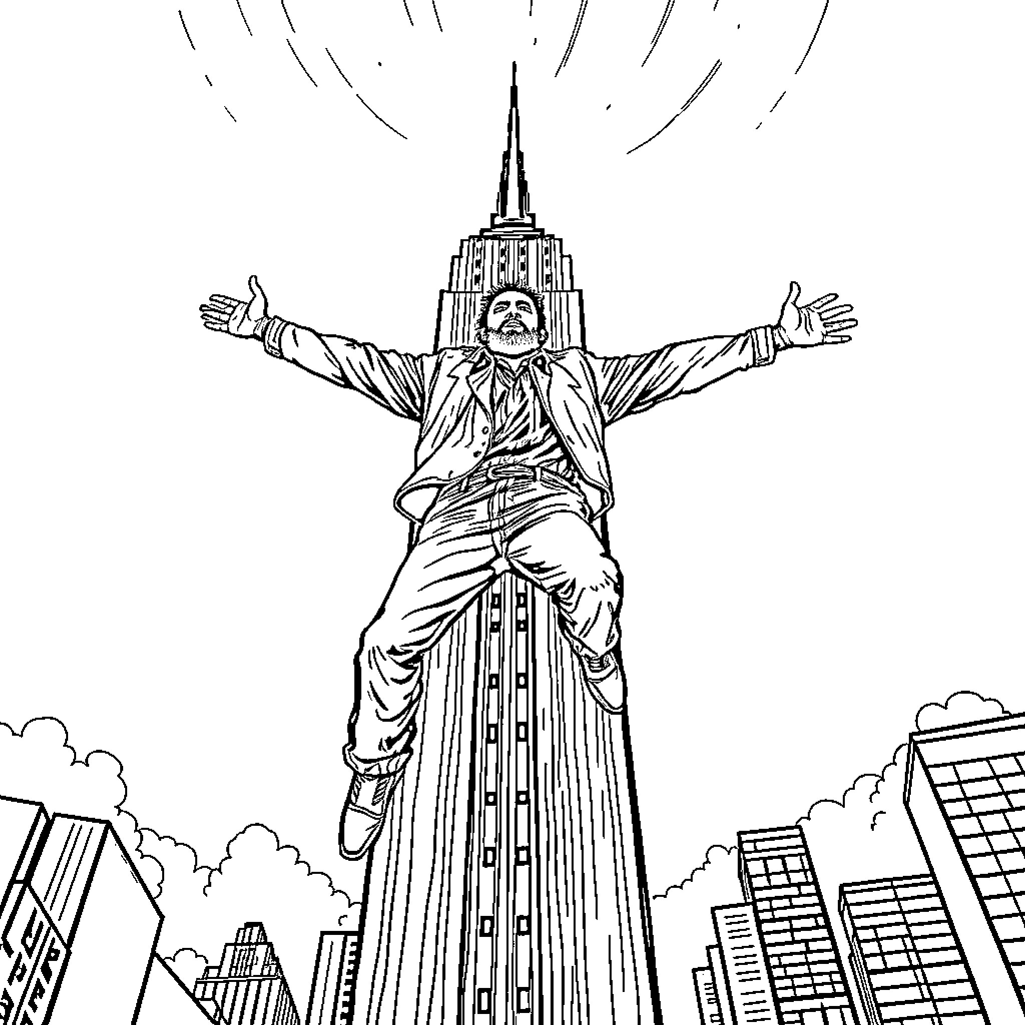 Jeff Hardy's Iconic Aerial Leap Over the City Coloring Page (free black-and-white line drawing printable PDF for all, from beginners to advanced learners, including children, teens, adults, and seniors)