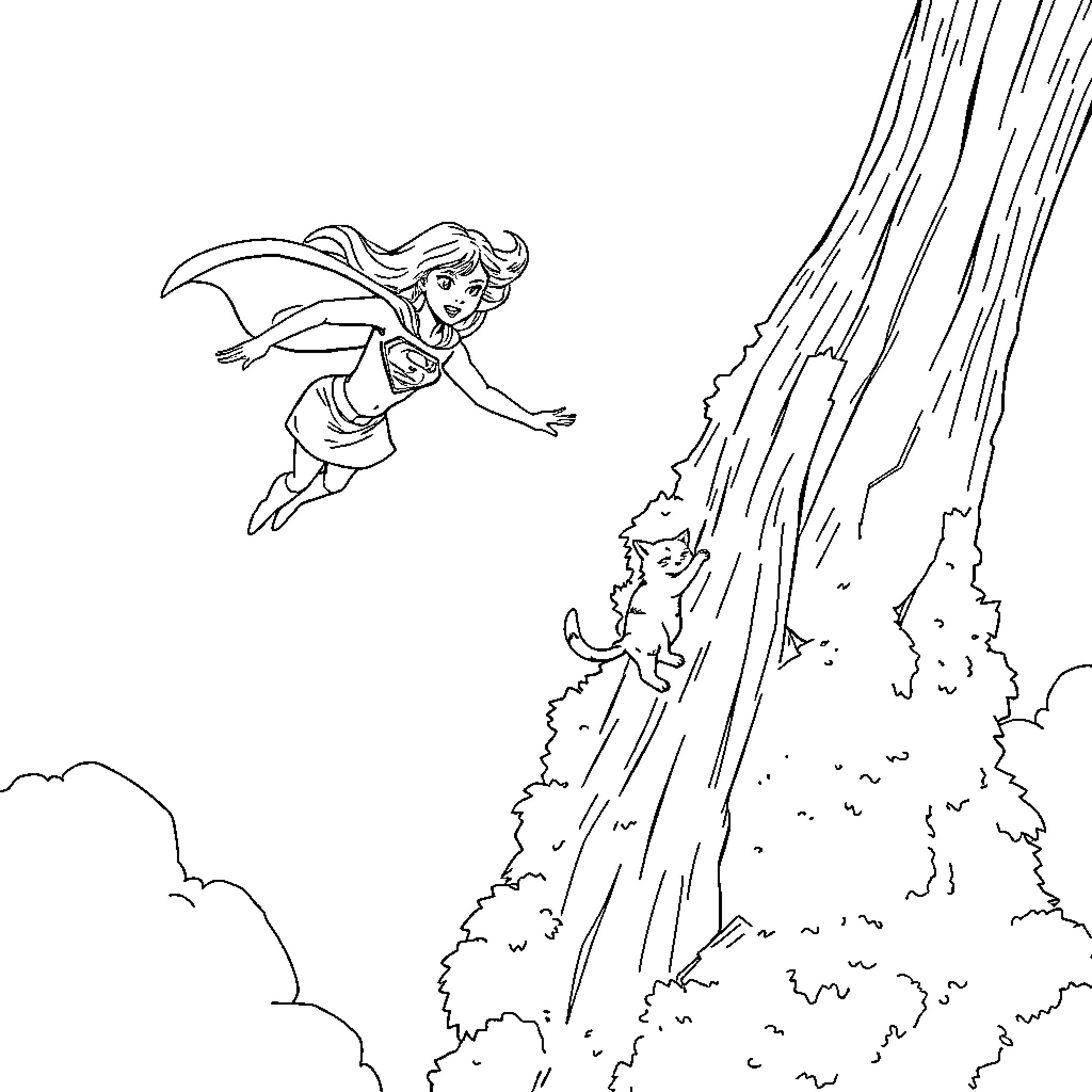 Supergirl soaring through the skies with determination Coloring Page (free black-and-white line drawing printable PDF for all, from beginners to advanced learners, including children, teens, adults, and seniors)