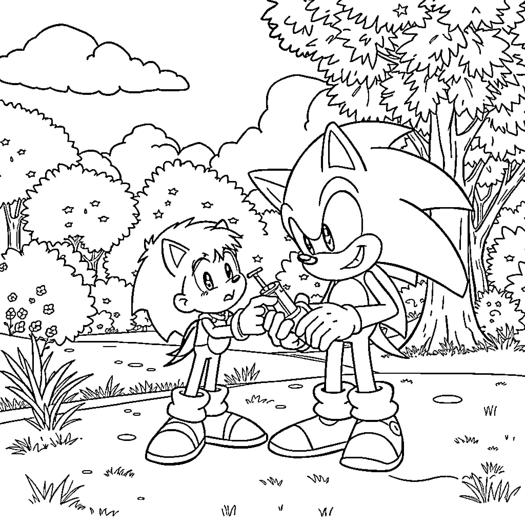 Sonic and friends exploring the forest together Coloring Page (free black-and-white line drawing printable PDF for all, from beginners to advanced learners, including children, teens, adults, and seniors)