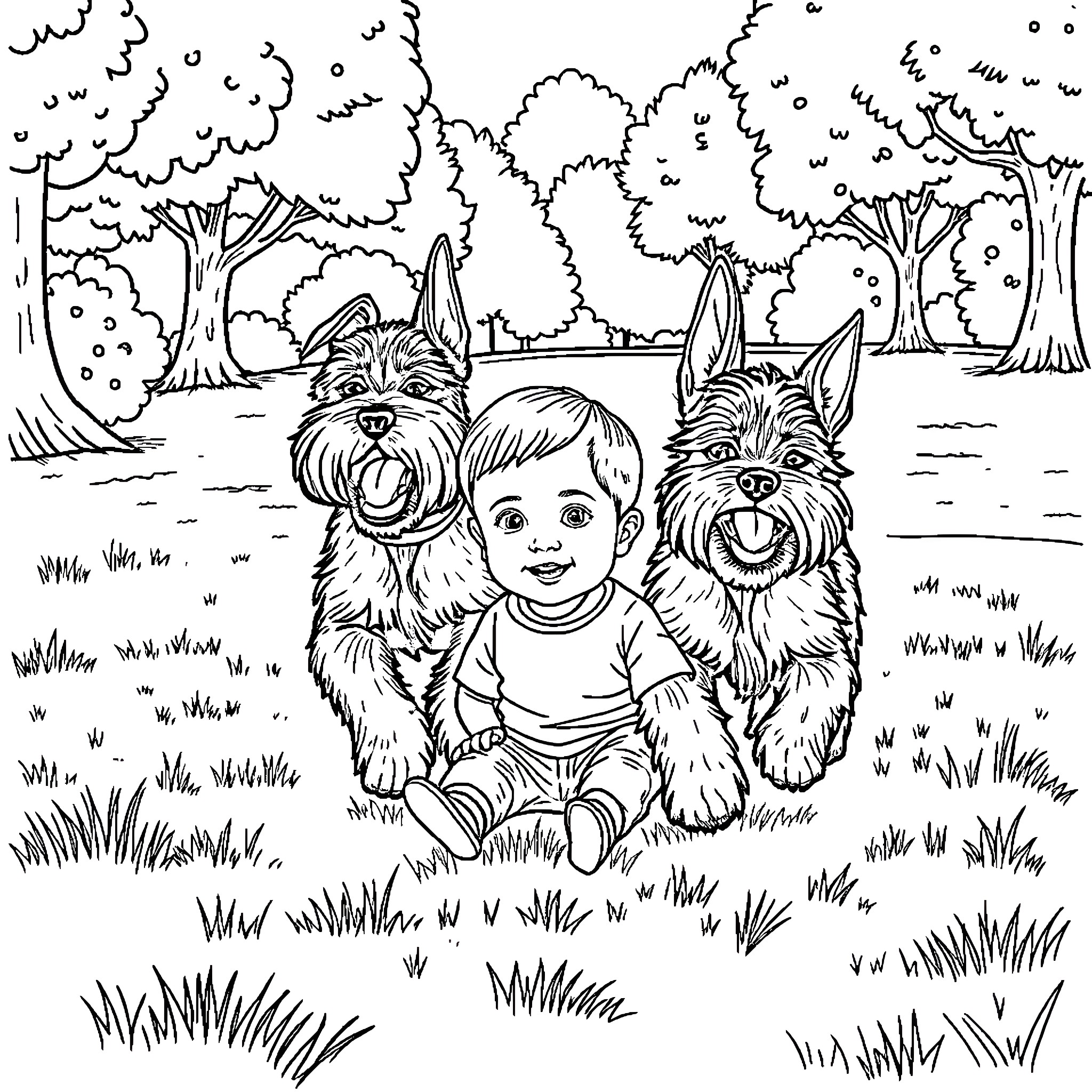 Schnauzer companions playing with a child in the forest Coloring Page (free black-and-white line drawing printable PDF for all, from beginners to advanced learners, including children, teens, adults, and seniors)