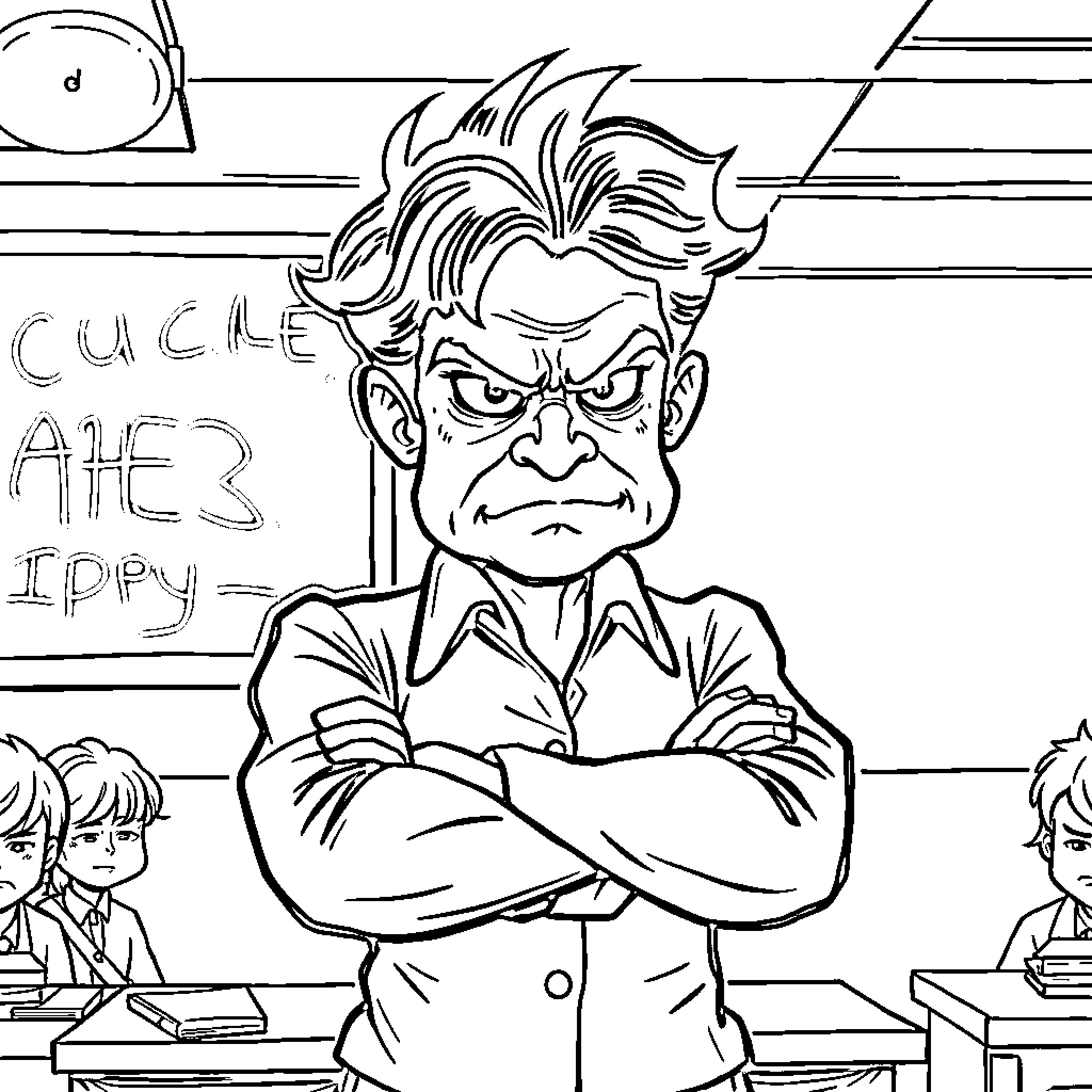 Teacher scolding students in the classroom Coloring Page (free black-and-white line drawing printable PDF for all, from beginners to advanced learners, including children, teens, adults, and seniors)