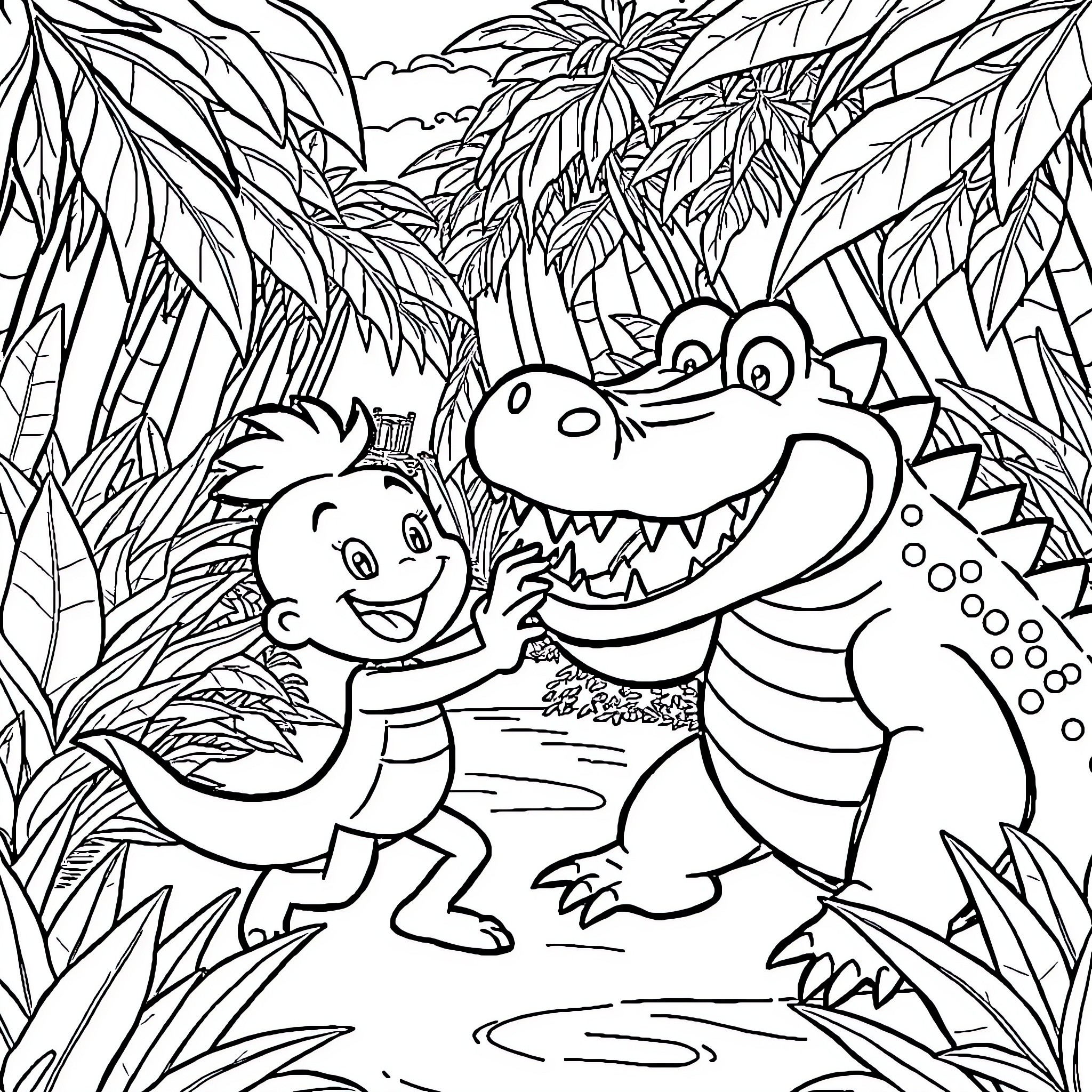 Tralalero Play Time in the Enchanted Jungle Coloring Page (free black-and-white line drawing printable PDF for all, from beginners to advanced learners, including children, teens, adults, and seniors)