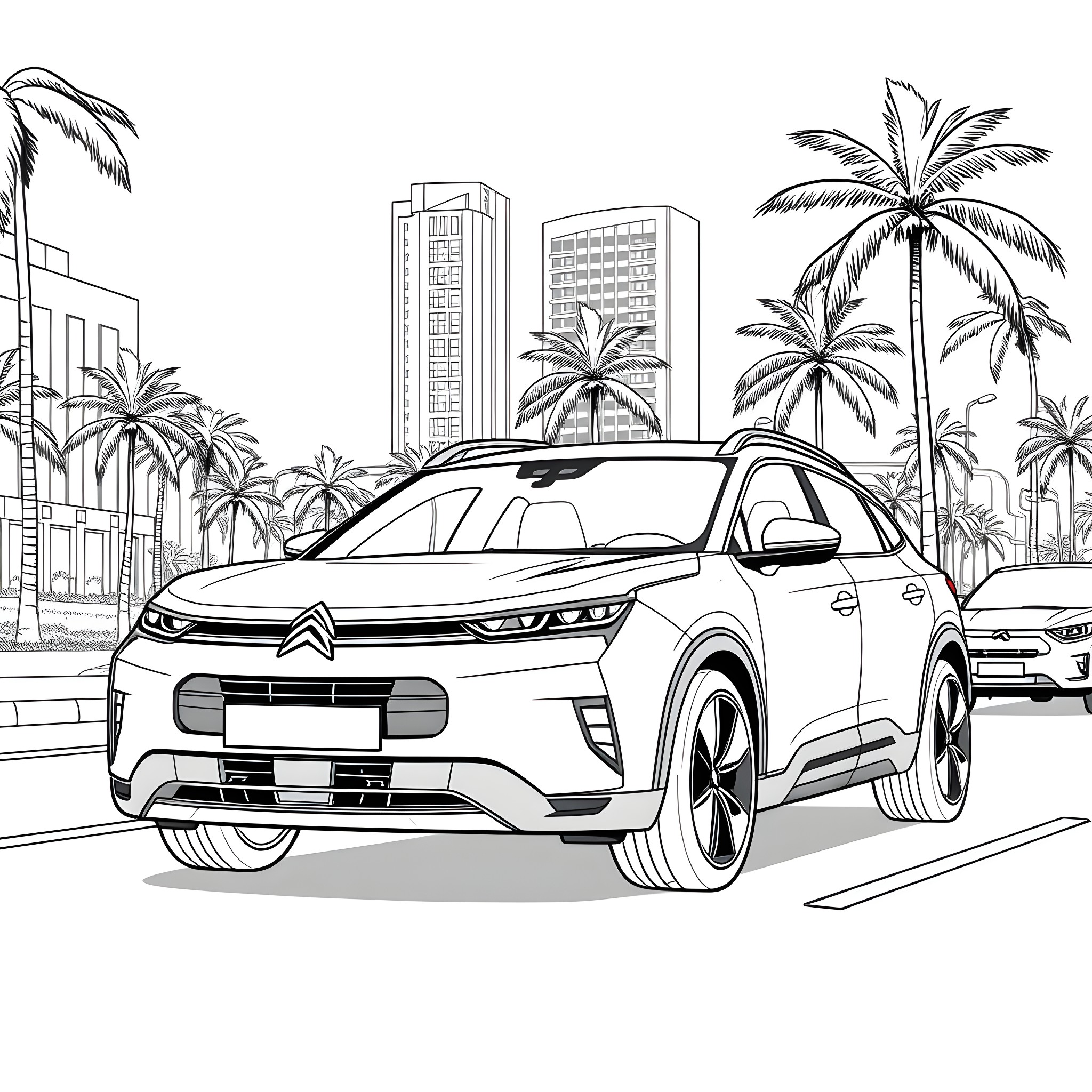 Citroen SUV cruising through tropical city Coloring Page (free black-and-white line drawing printable PDF for all, from beginners to advanced learners, including children, teens, adults, and seniors)