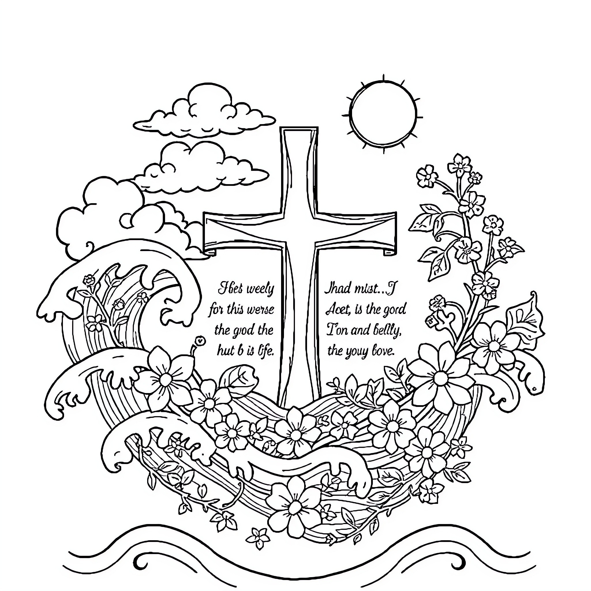 Cross with Flowers, Waves, and Inspirational Verse Coloring Page (free black-and-white line drawing printable PDF for all, from beginners to advanced learners, including children, teens, adults, and seniors)