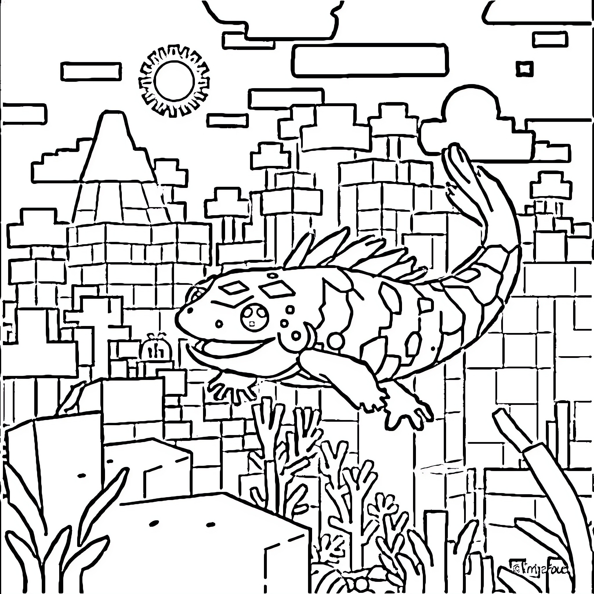 Axolotl exploring a fantastical landscape Coloring Page (free black-and-white line drawing printable PDF for all, from beginners to advanced learners, including children, teens, adults, and seniors)