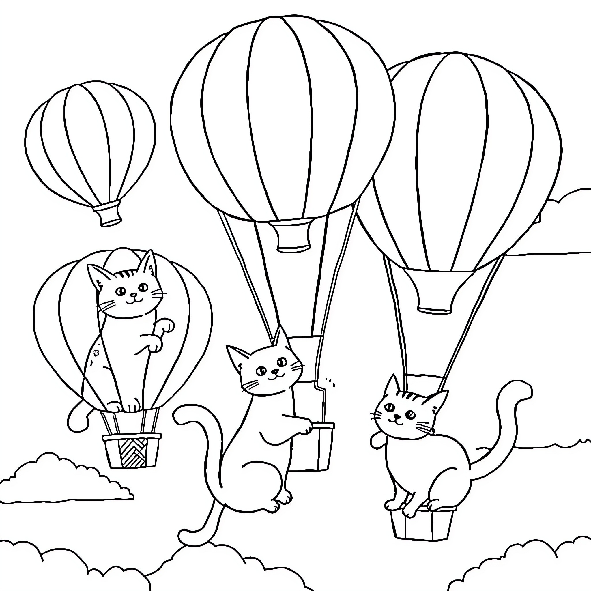 Cats in hot air balloons Coloring Page (free black-and-white line drawing printable PDF for all, from beginners to advanced learners, including children, teens, adults, and seniors)