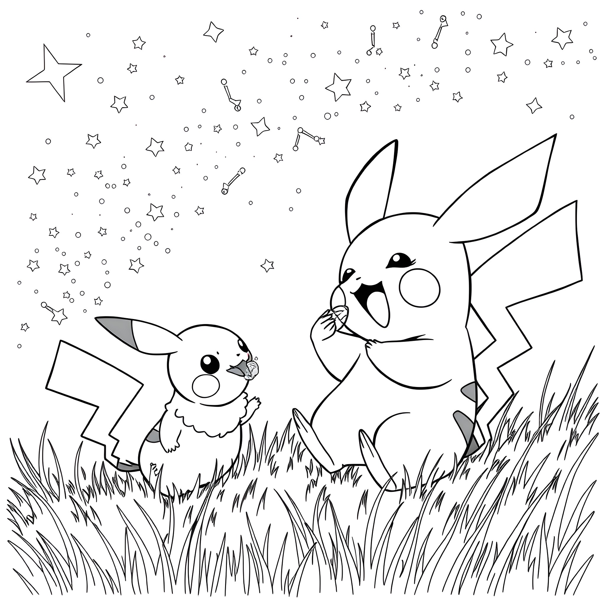 Pikachu and friends playing in the starry night Coloring Page (free black-and-white line drawing printable PDF for all, from beginners to advanced learners, including children, teens, adults, and seniors)