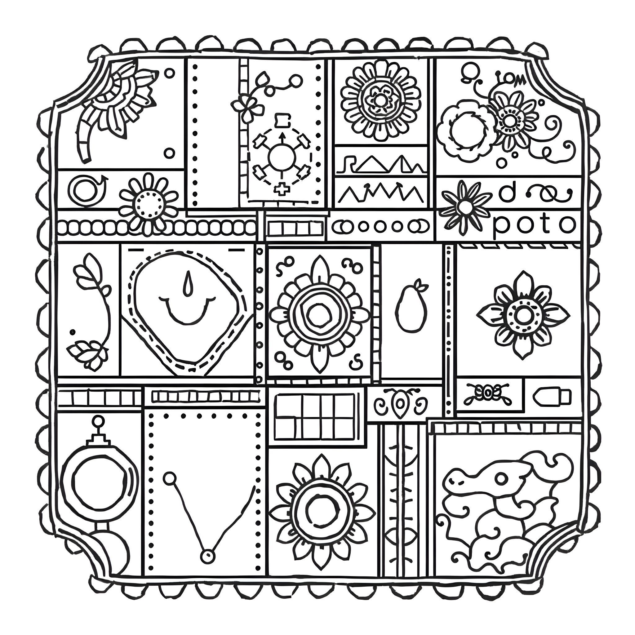 Patchwork of Whimsical Designs and Patterns Coloring Page (free black-and-white line drawing printable PDF for all, from beginners to advanced learners, including children, teens, adults, and seniors)