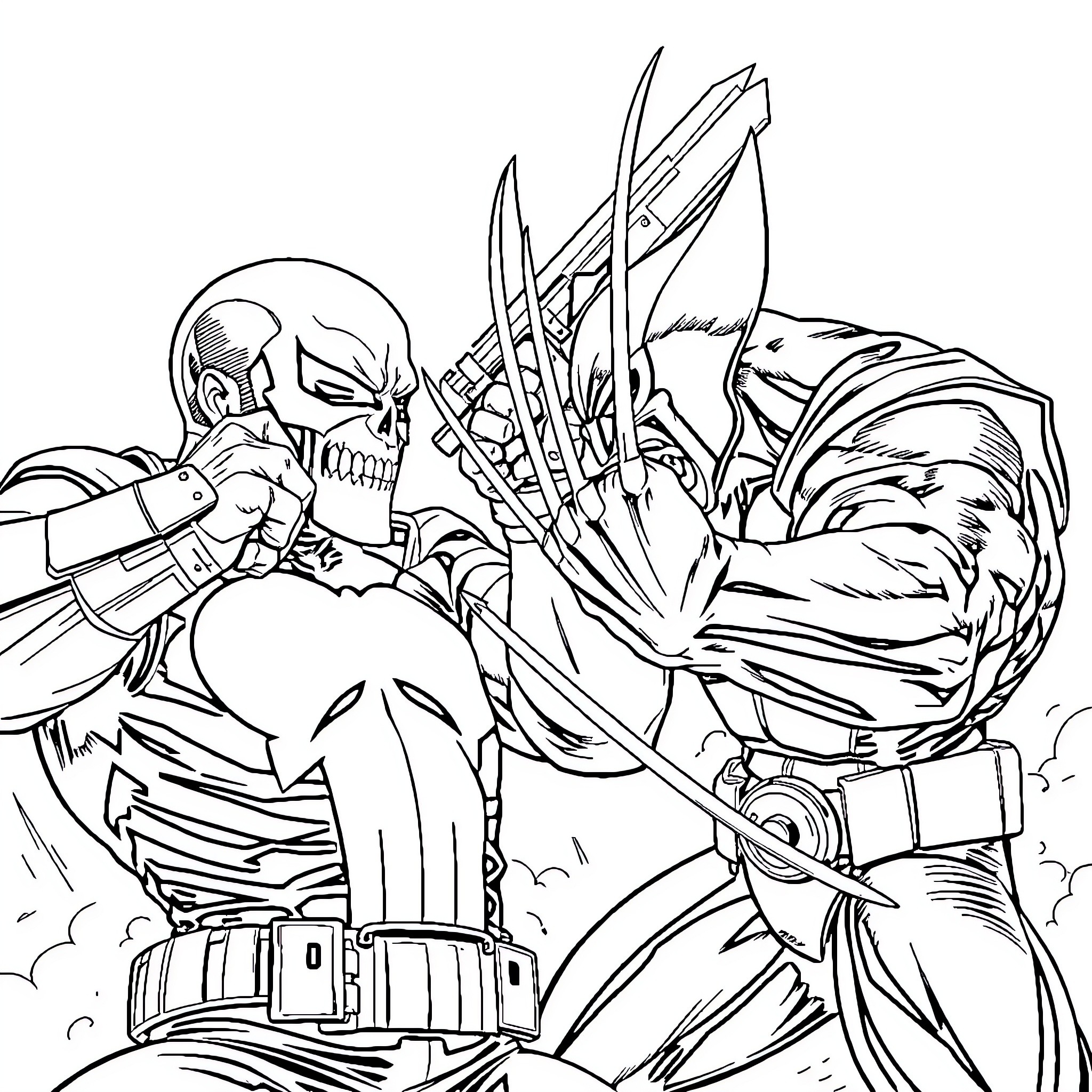 Punisher confronts a formidable foe in battle Coloring Page (free black-and-white line drawing printable PDF for all, from beginners to advanced learners, including children, teens, adults, and seniors)