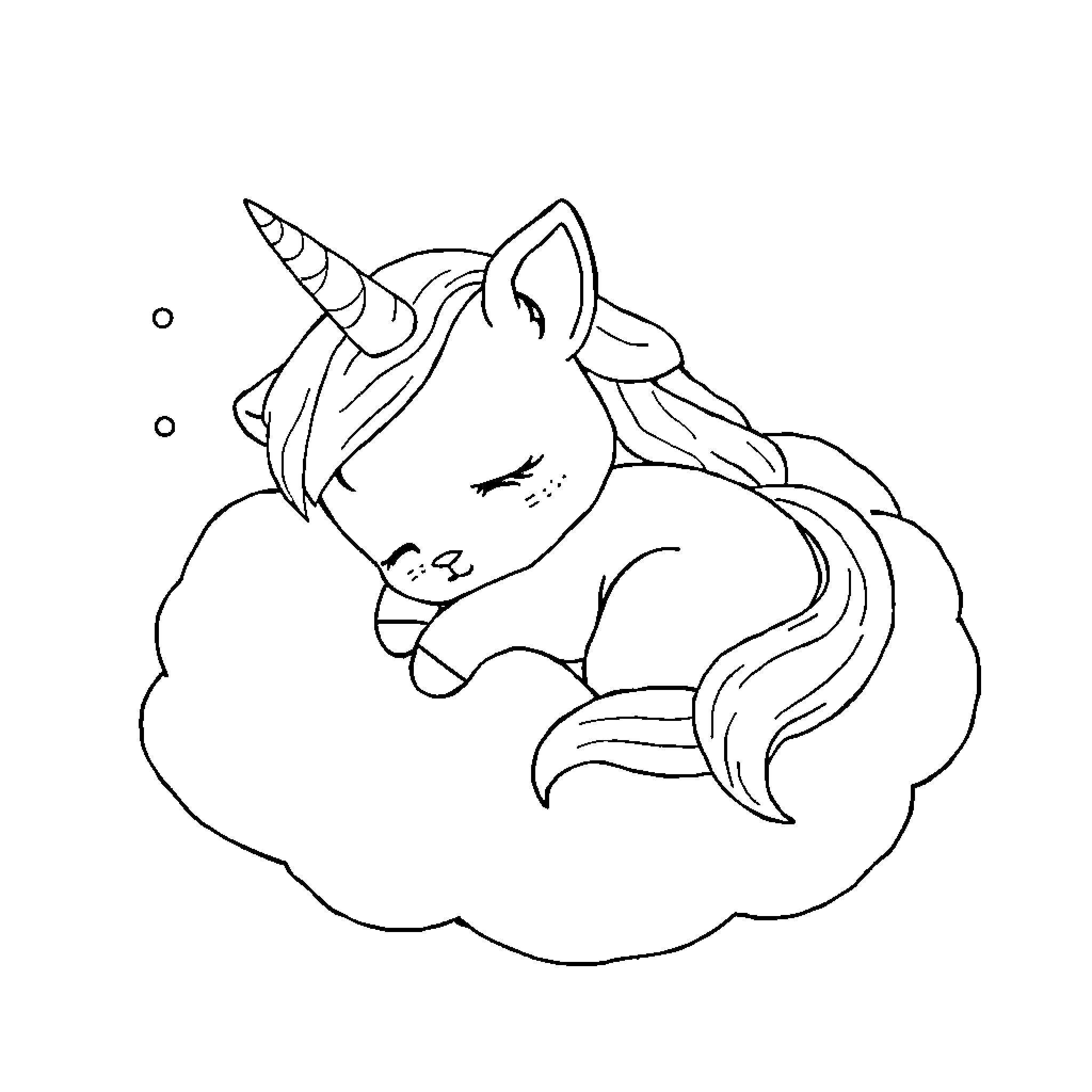 Unicorn Cat sleeping peacefully on a cloud Coloring Page (free black-and-white line drawing printable PDF for all, from beginners to advanced learners, including children, teens, adults, and seniors)