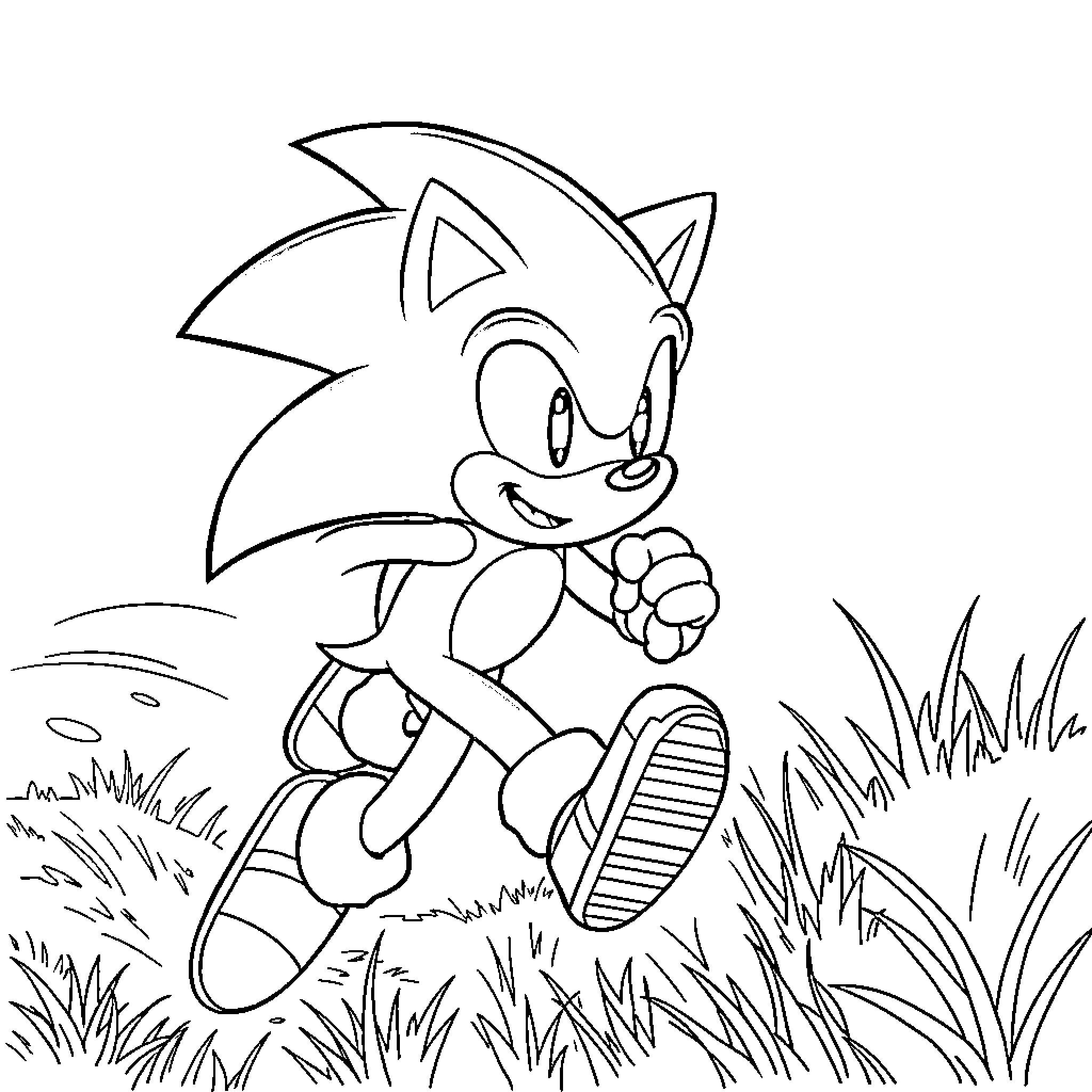 Sonic running through the grassy field Coloring Page (free black-and-white line drawing printable PDF for all, from beginners to advanced learners, including children, teens, adults, and seniors)
