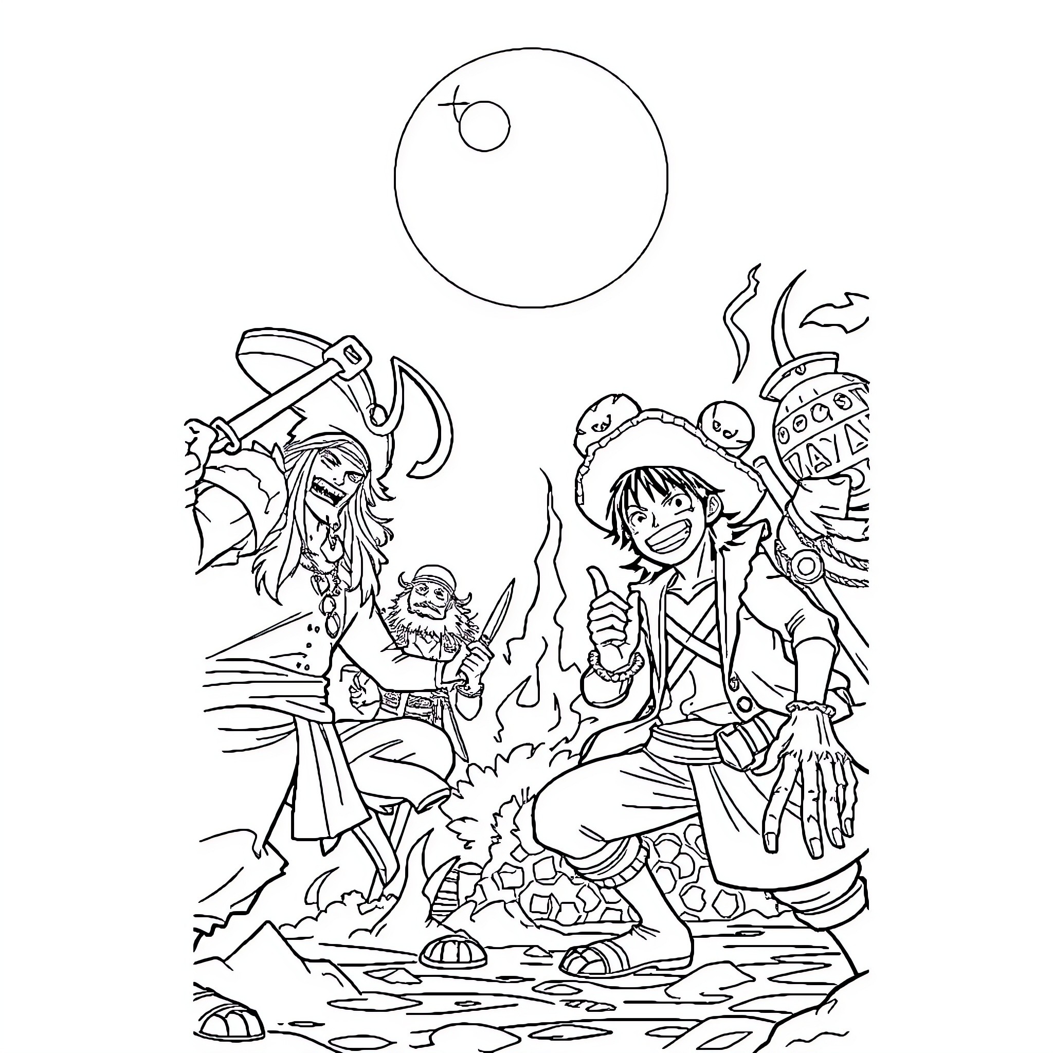 Demon Slayer Characters in Action-Packed Scenes Coloring Page (free black-and-white line drawing printable PDF for all, from beginners to advanced learners, including children, teens, adults, and seniors)