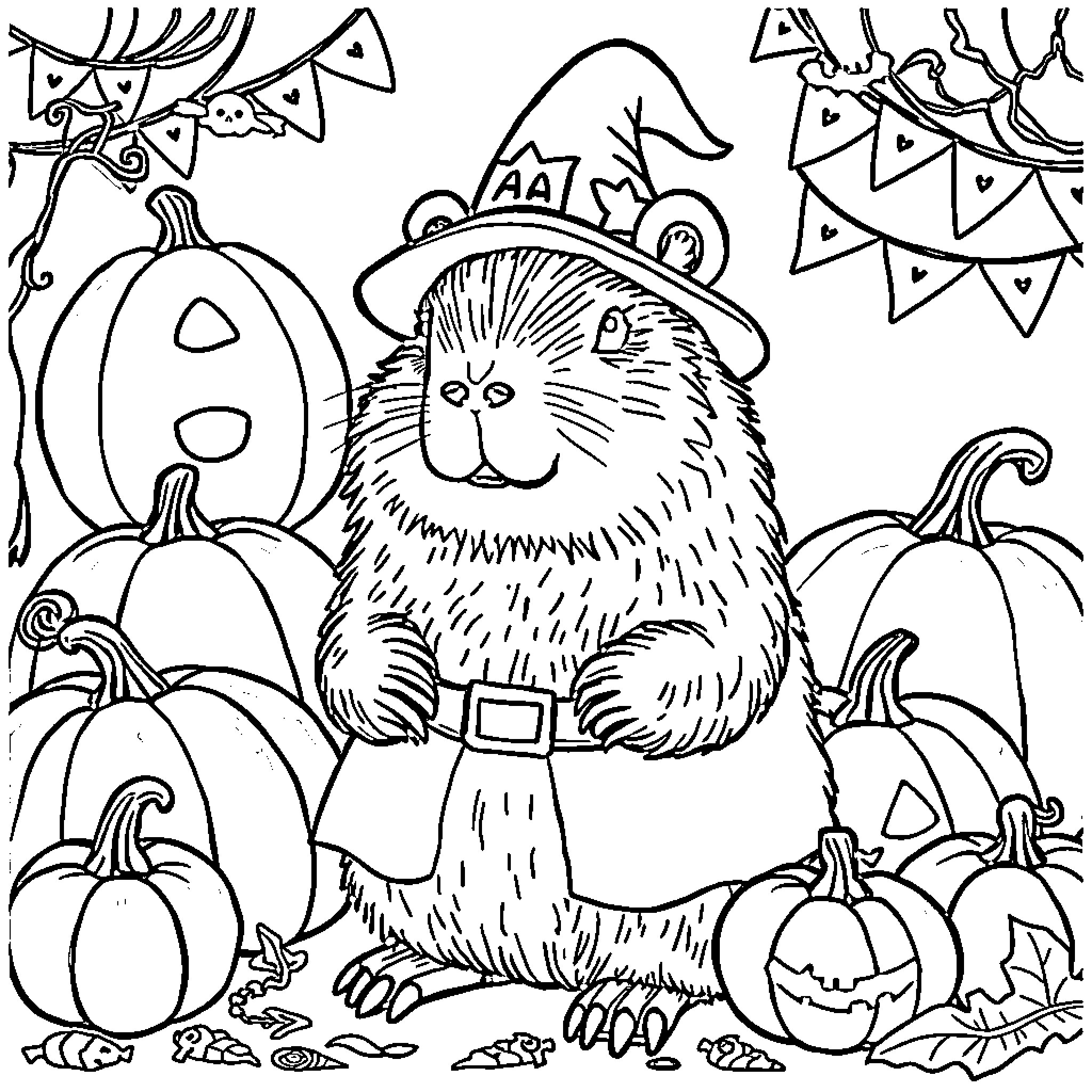 Capybara celebrating Halloween with pumpkins and party decor Coloring Page (free black-and-white line drawing printable PDF for all, from beginners to advanced learners, including children, teens, adults, and seniors)